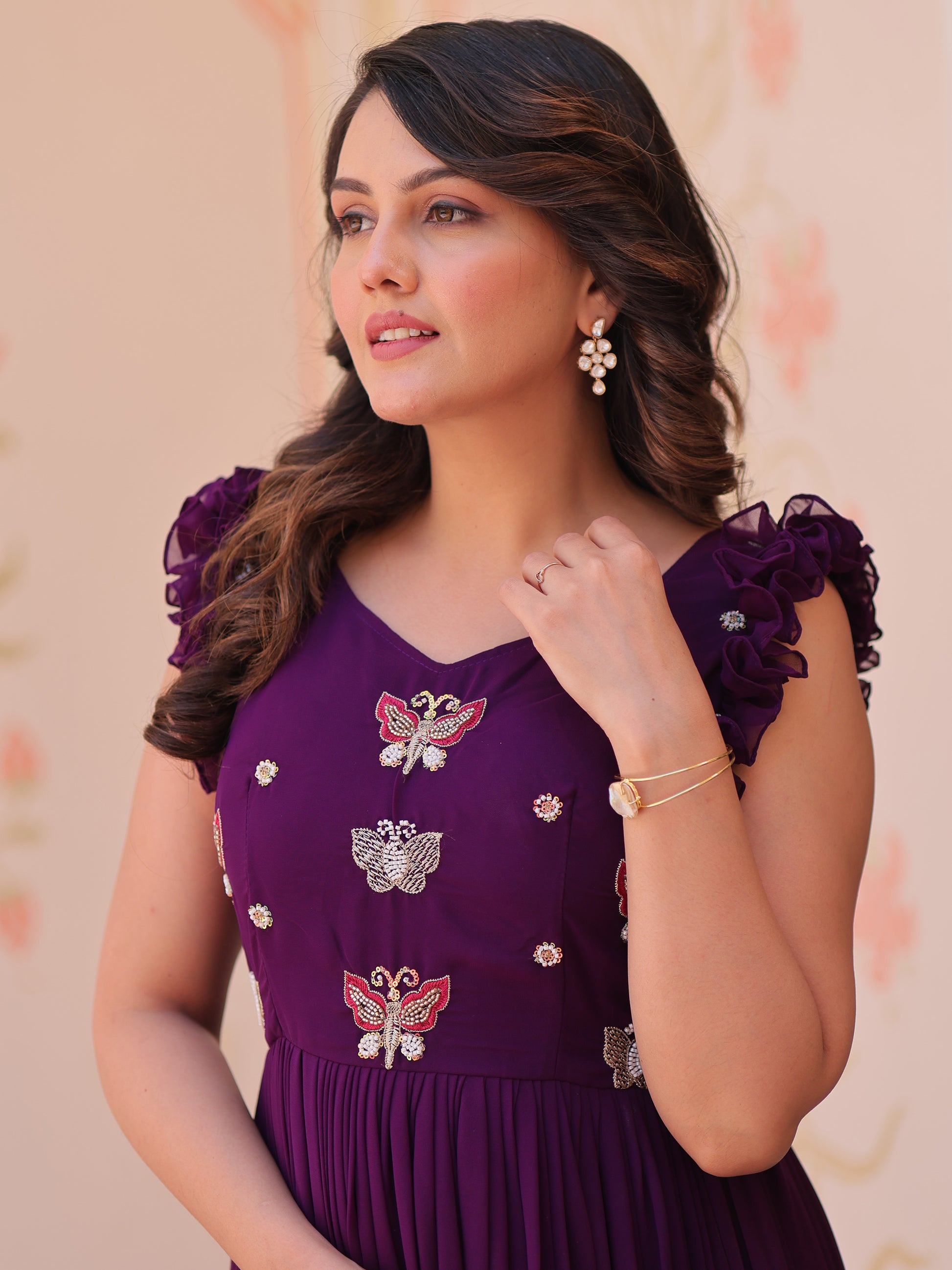 Attractive Purple Beads Work Organza Party Wear Gown