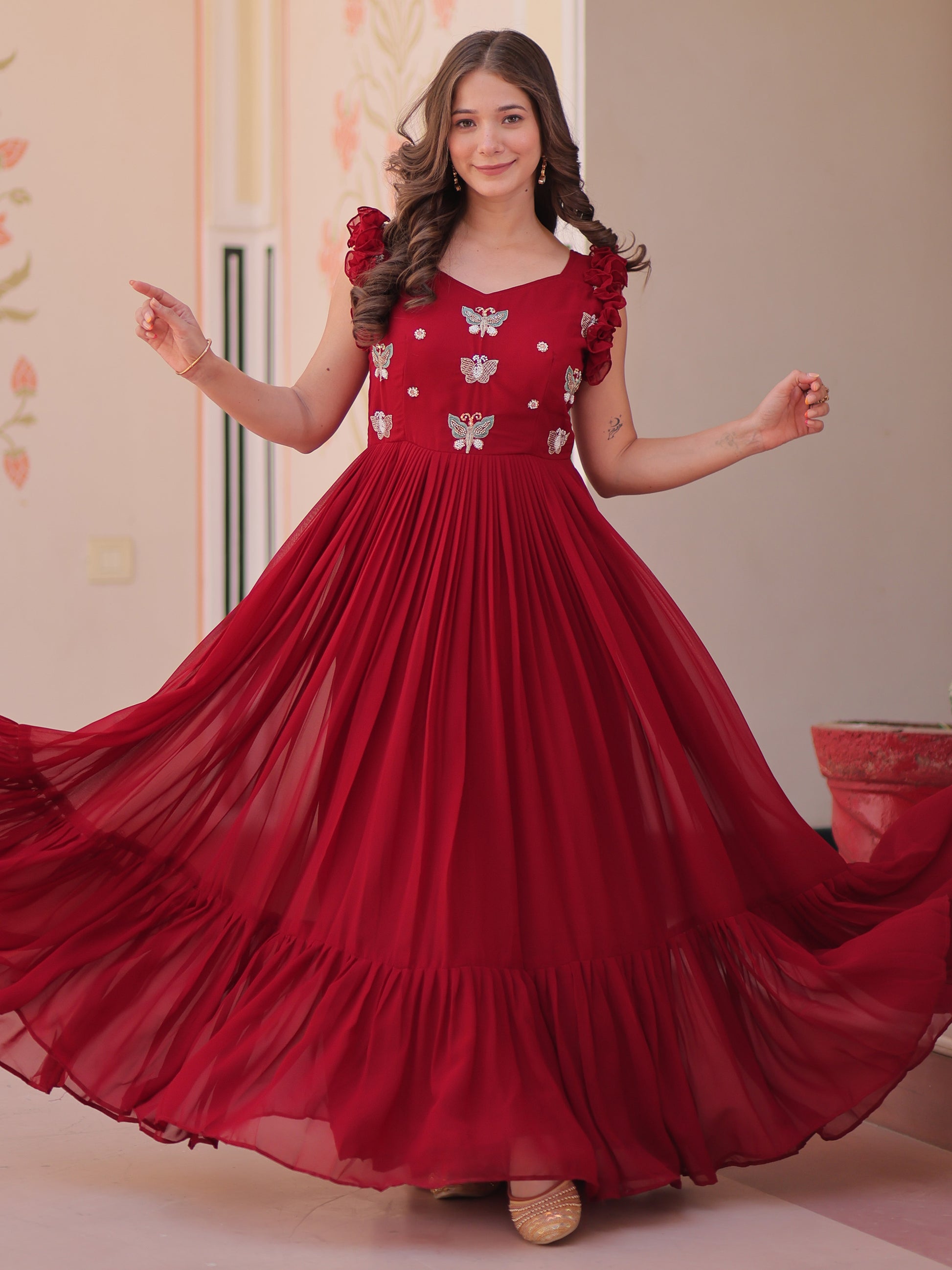 Tantalizing Red Beads Work Organza Event Wear Gown