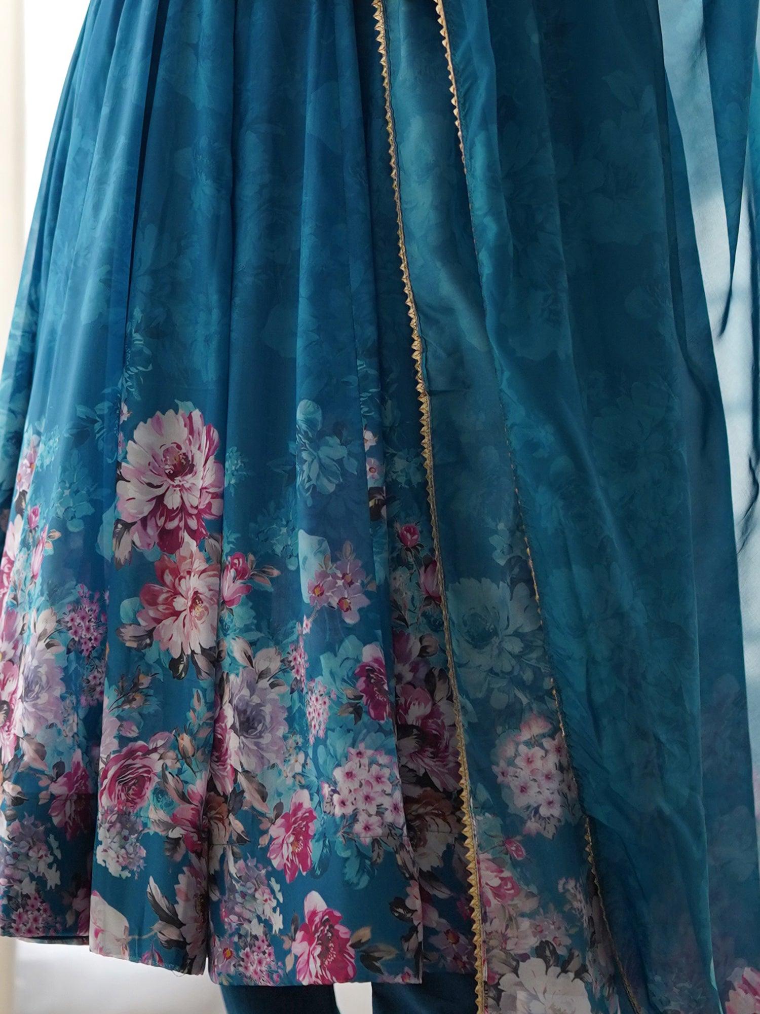 Charming Blue Floral Printed Organza Festival Wear Anarkali Suit
