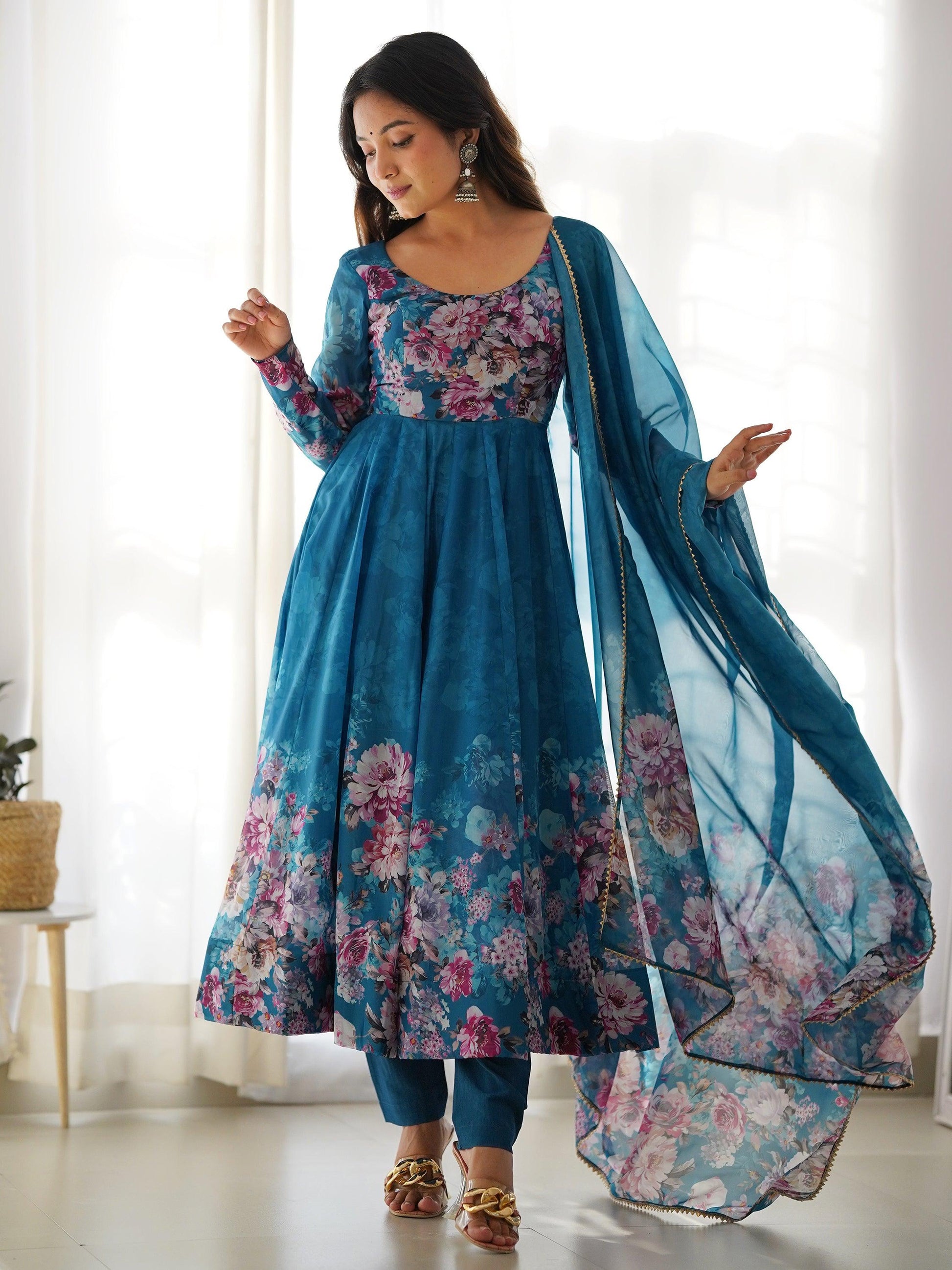 Charming Blue Floral Printed Organza Festival Wear Anarkali Suit