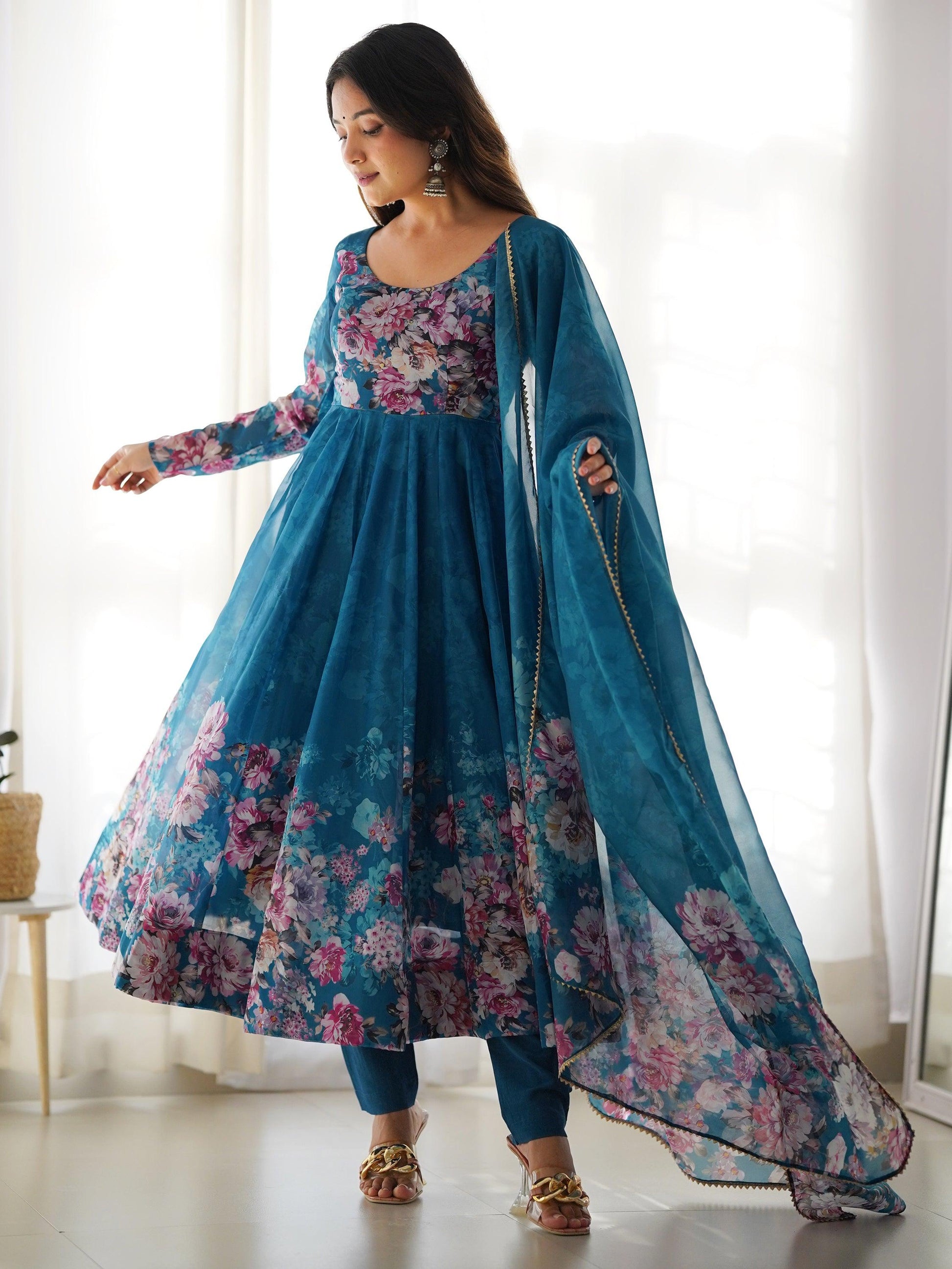 Charming Blue Floral Printed Organza Festival Wear Anarkali Suit