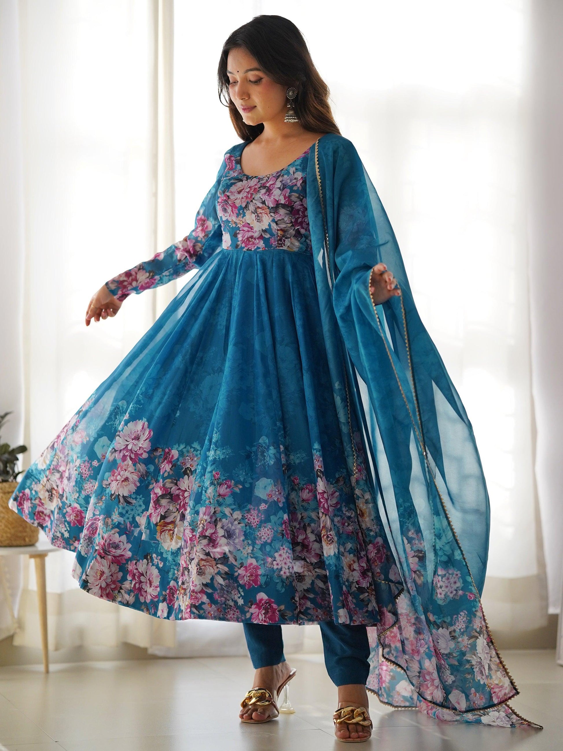 Charming Blue Floral Printed Organza Festival Wear Anarkali Suit
