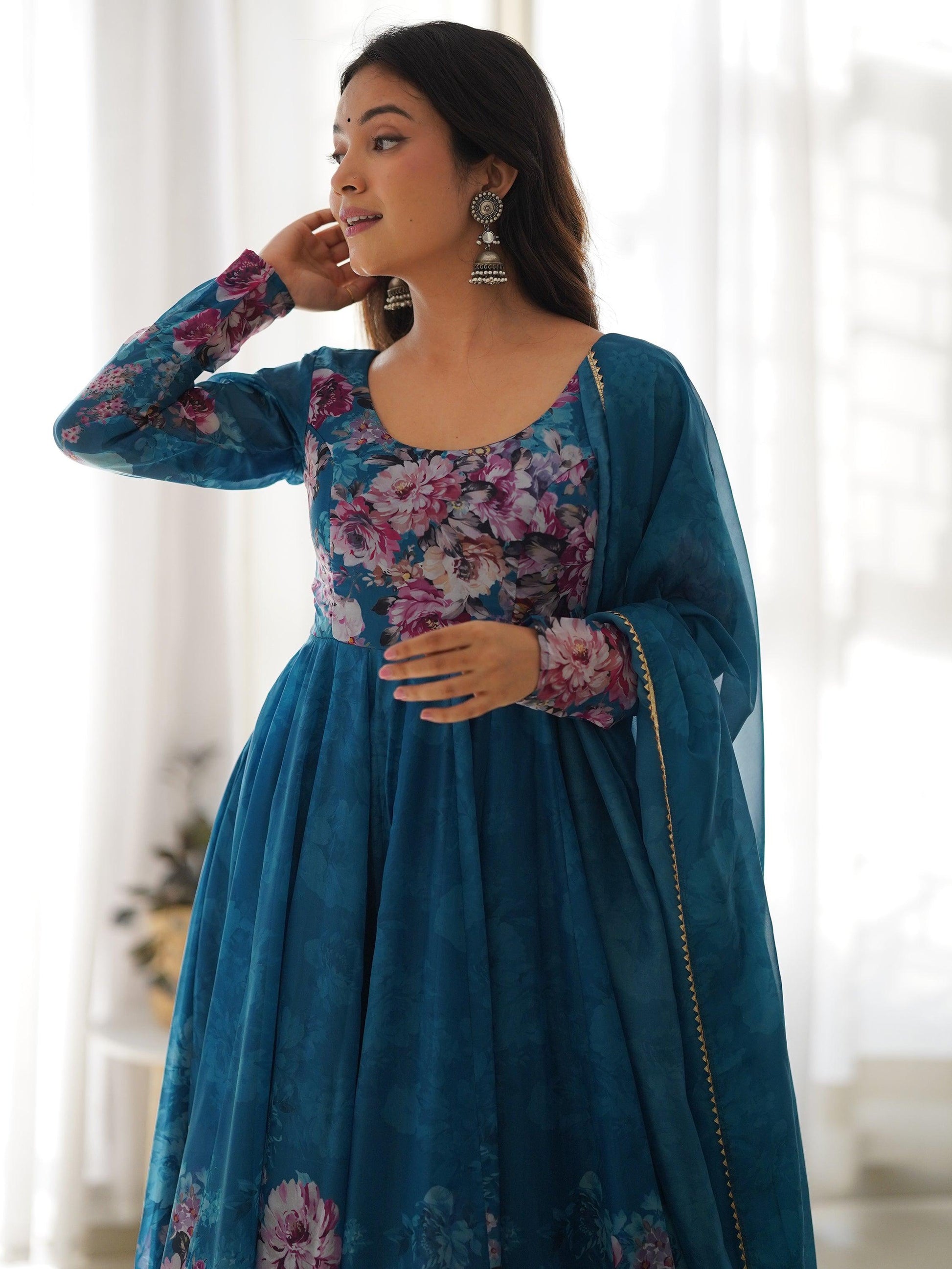 Charming Blue Floral Printed Organza Festival Wear Anarkali Suit