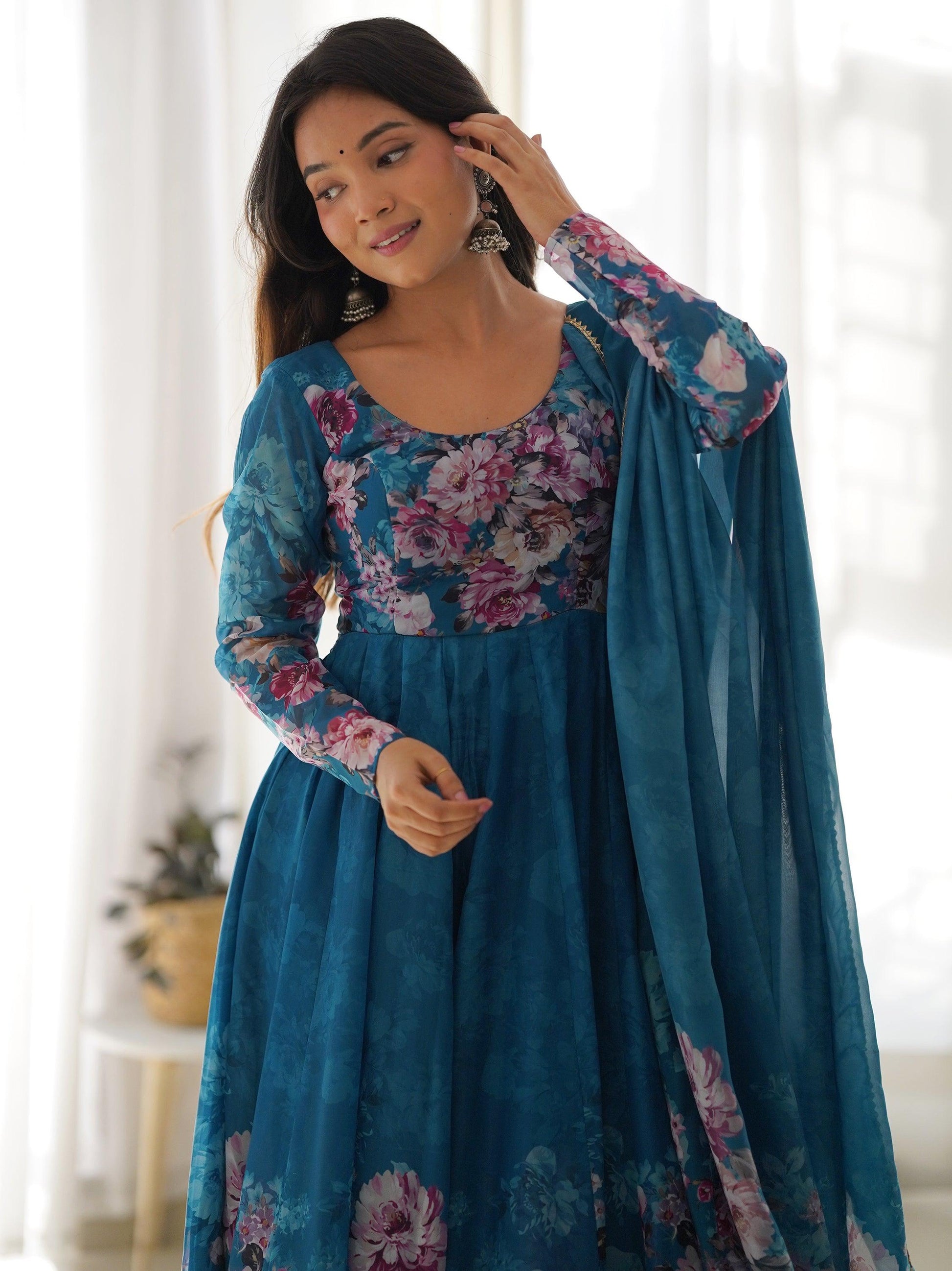 Charming Blue Floral Printed Organza Festival Wear Anarkali Suit