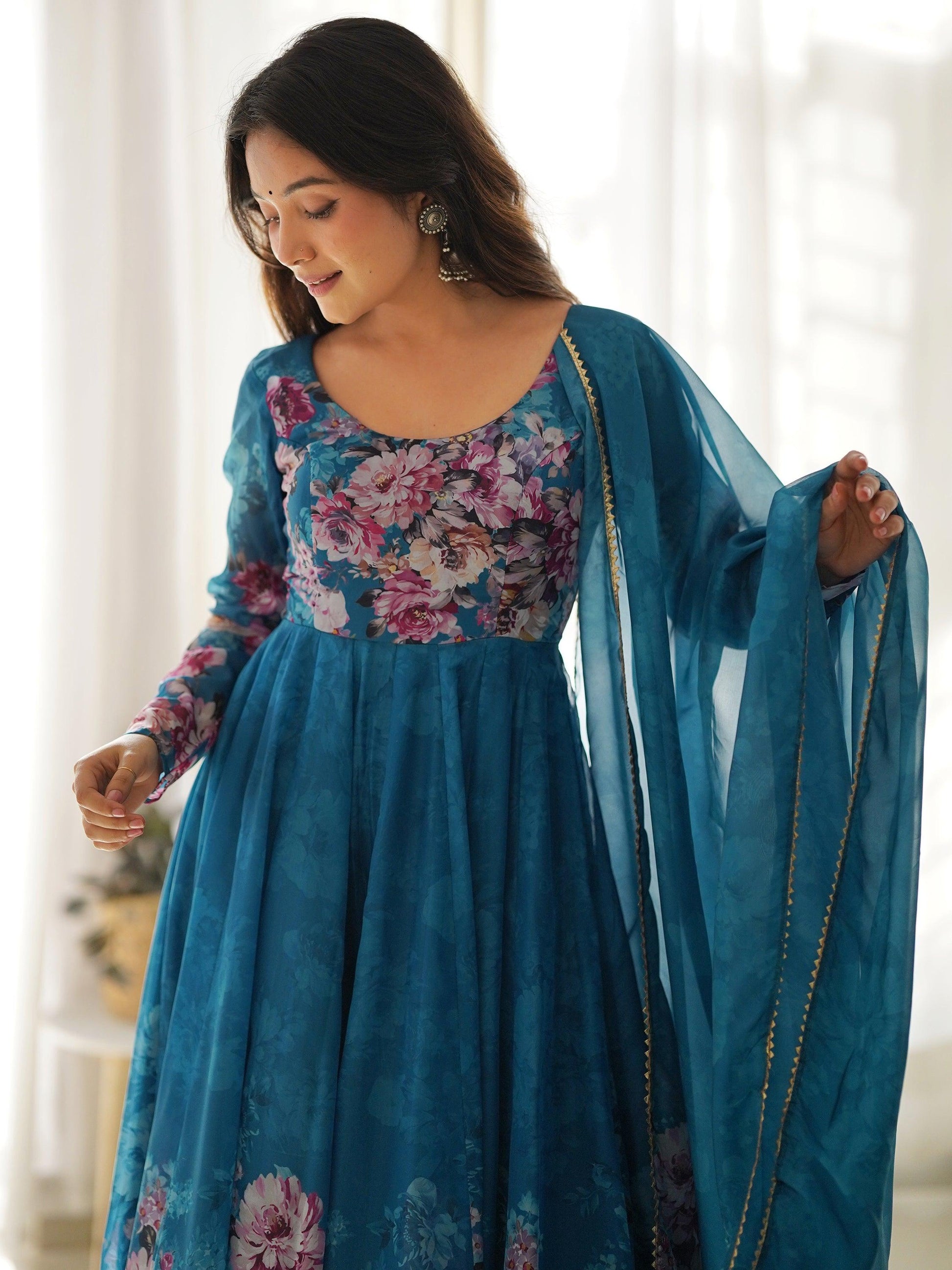 Charming Blue Floral Printed Organza Festival Wear Anarkali Suit