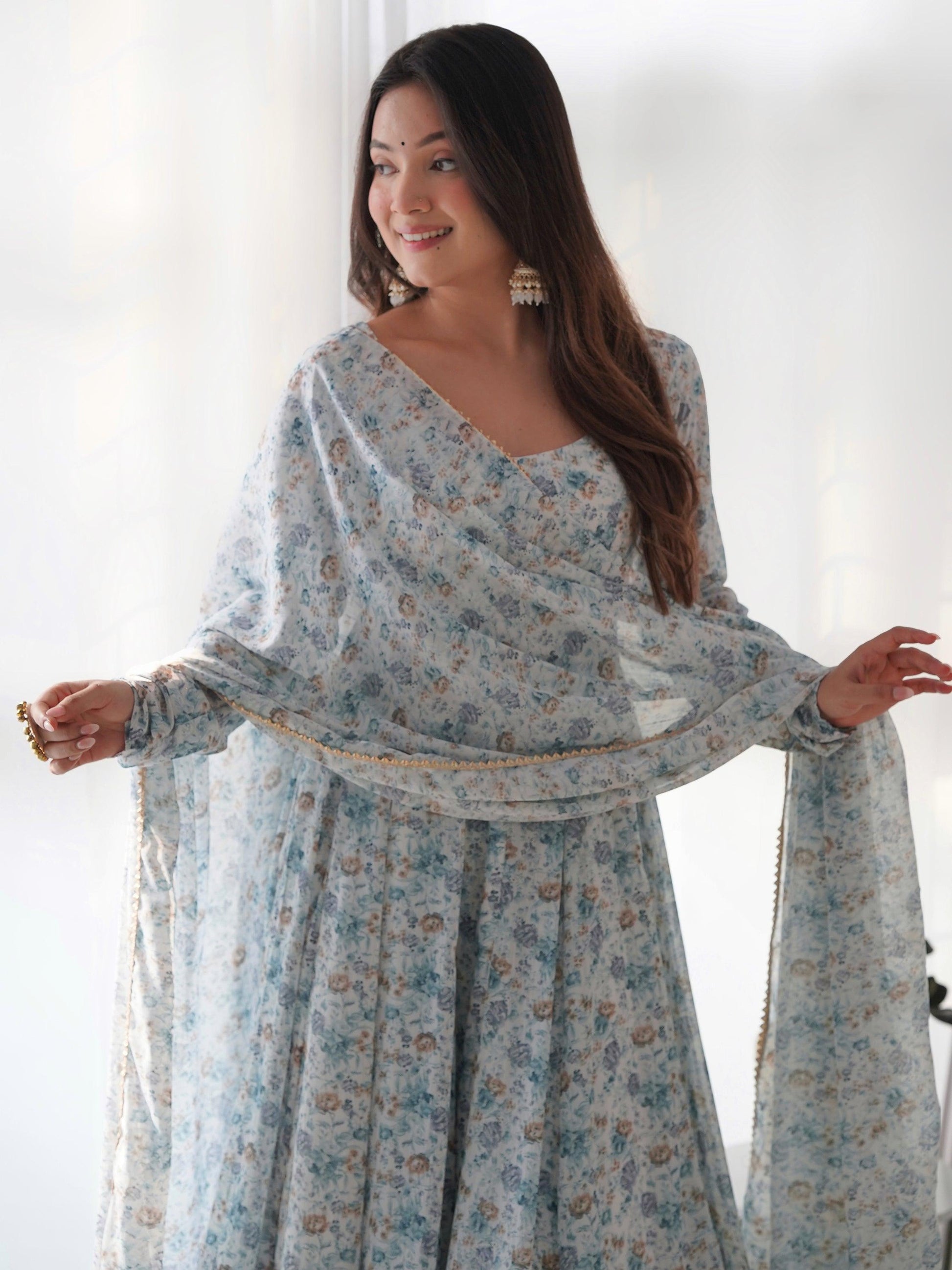 Captivating Off-White Digital Printed Chiffon Festival Wear Anarkali Suit