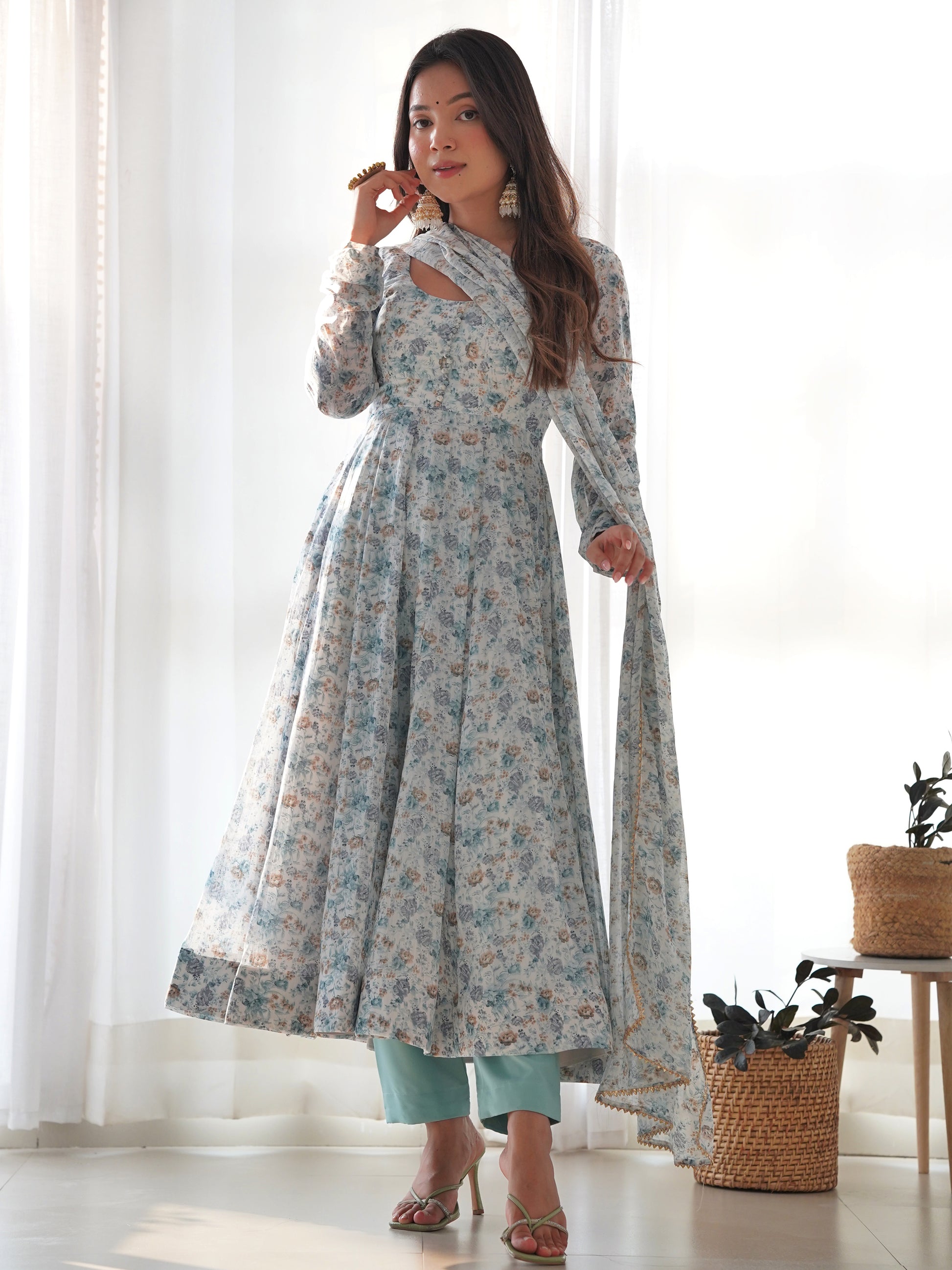 Captivating Off-White Digital Printed Chiffon Festival Wear Anarkali Suit