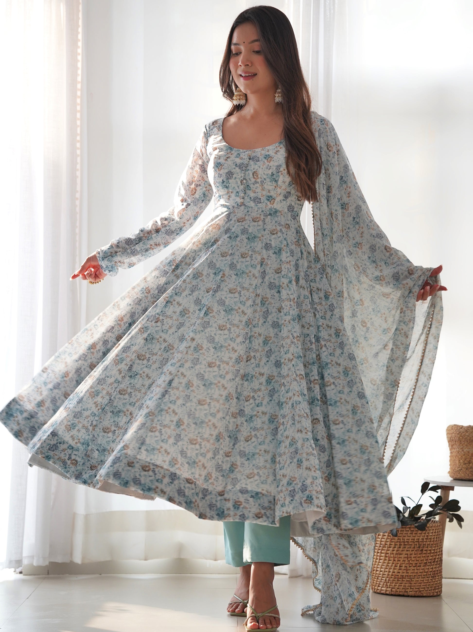 Captivating Off-White Digital Printed Chiffon Festival Wear Anarkali Suit