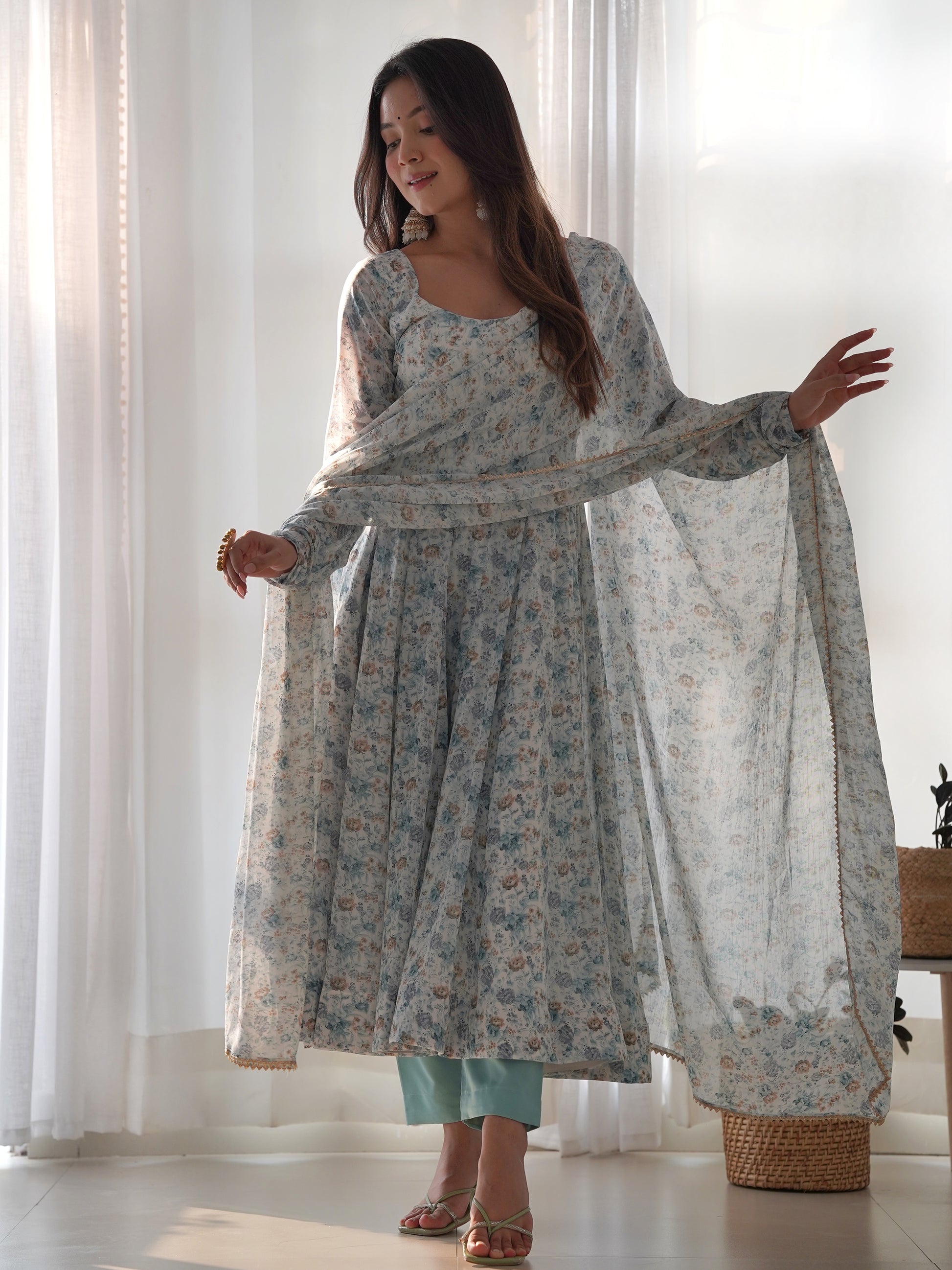 Captivating Off-White Digital Printed Chiffon Festival Wear Anarkali Suit