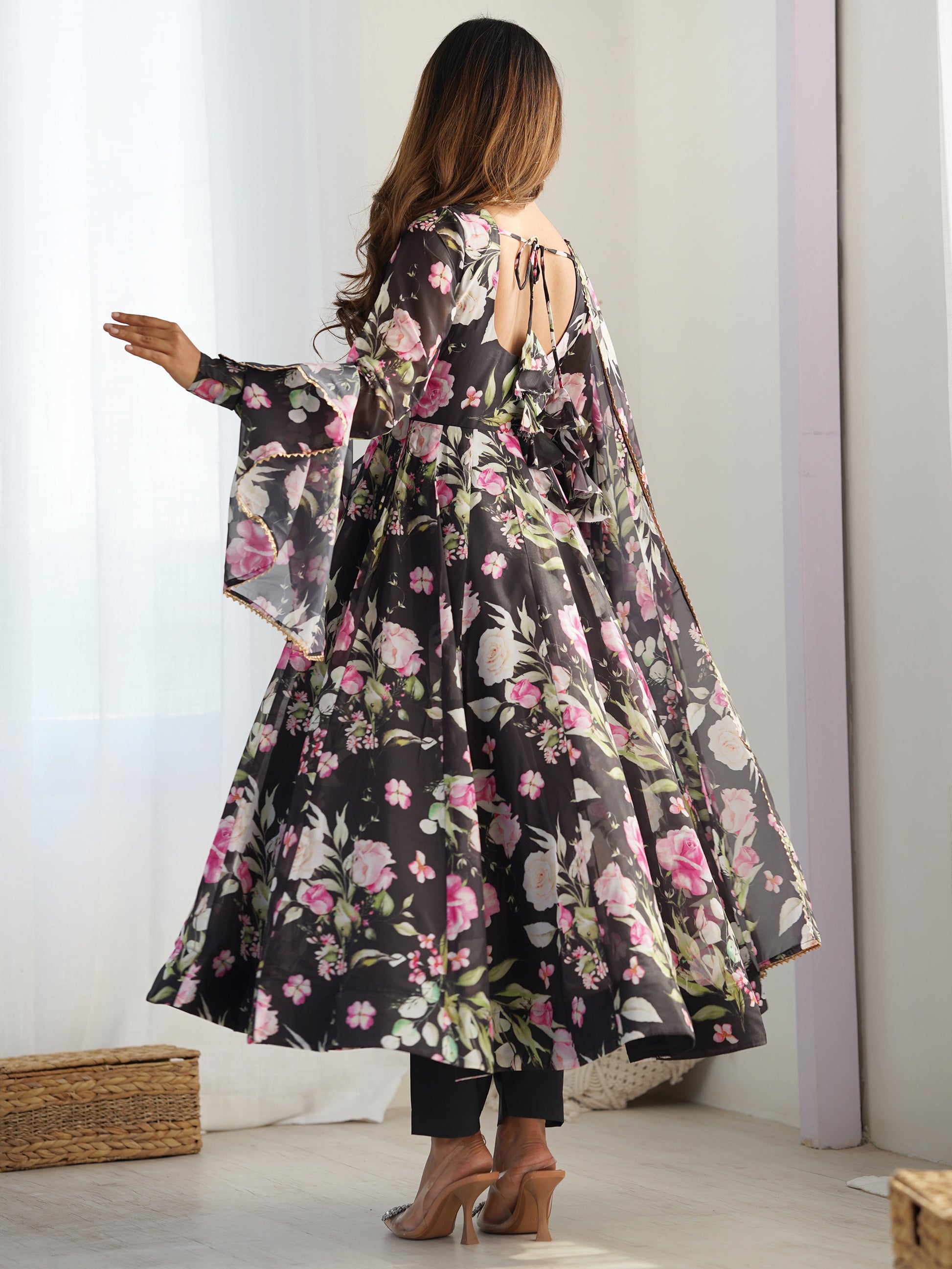 Stunning Black Floral Printed Organza Silk Festive Wear Anarkali Suit