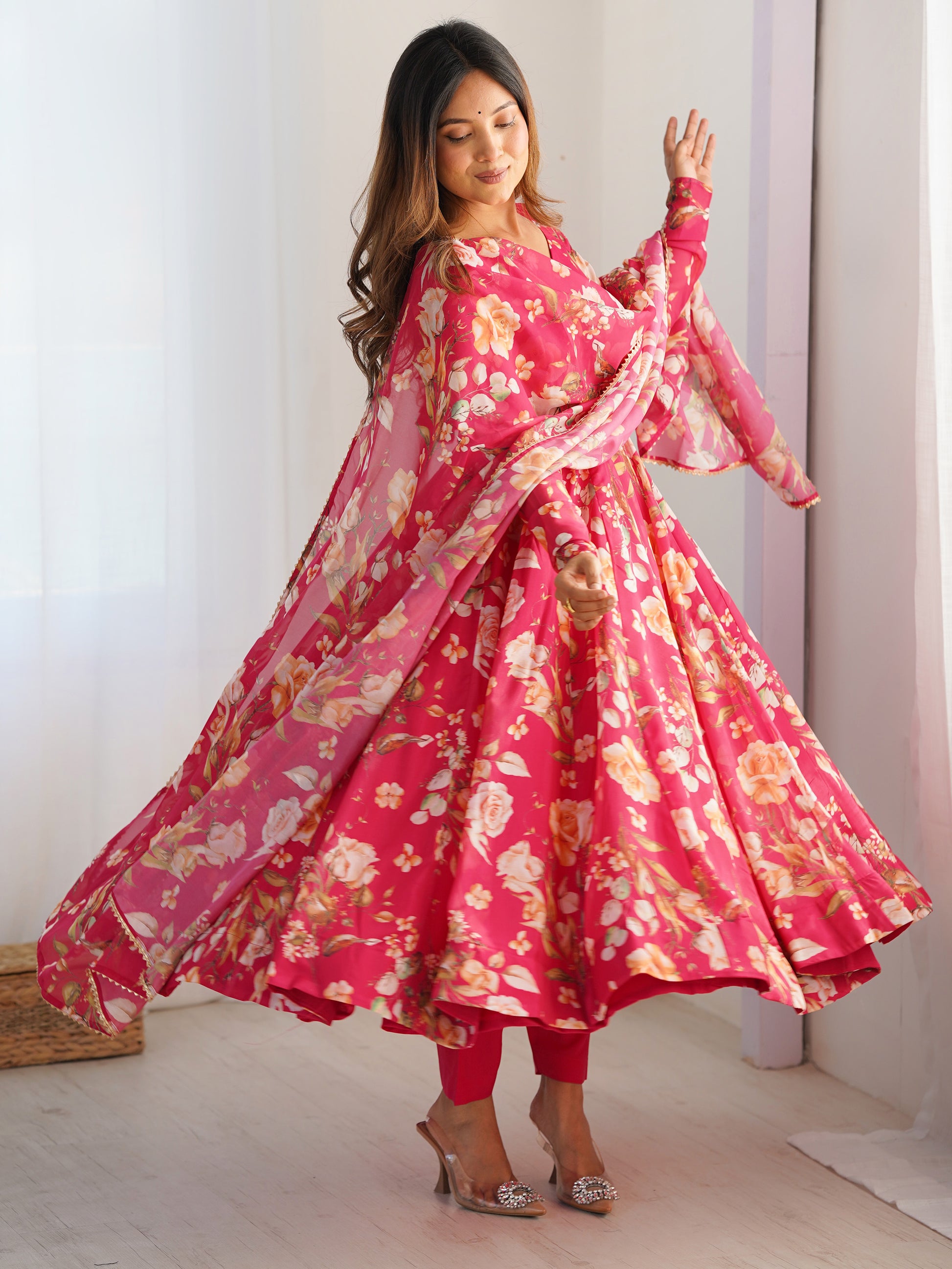 Incredible Pink Floral Printed Organza Event Wear Anarkali Suit