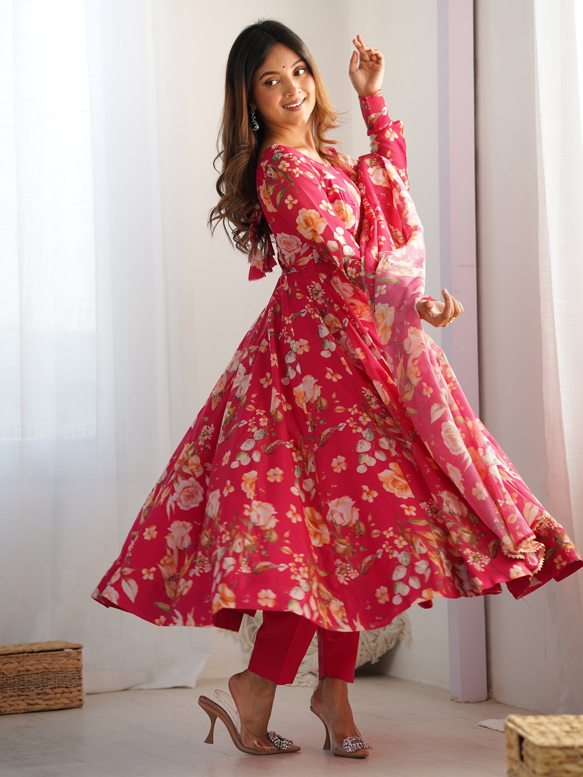 Incredible Pink Floral Printed Organza Event Wear Anarkali Suit