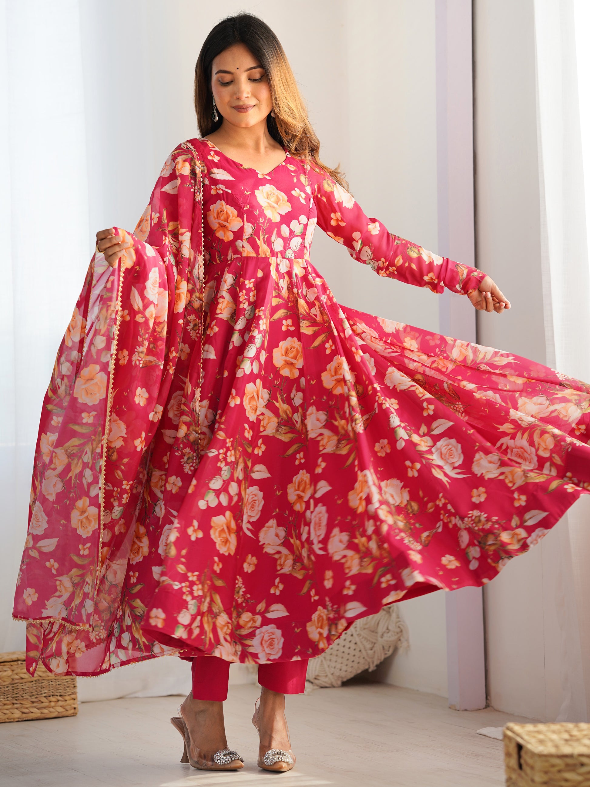 Incredible Pink Floral Printed Organza Event Wear Anarkali Suit