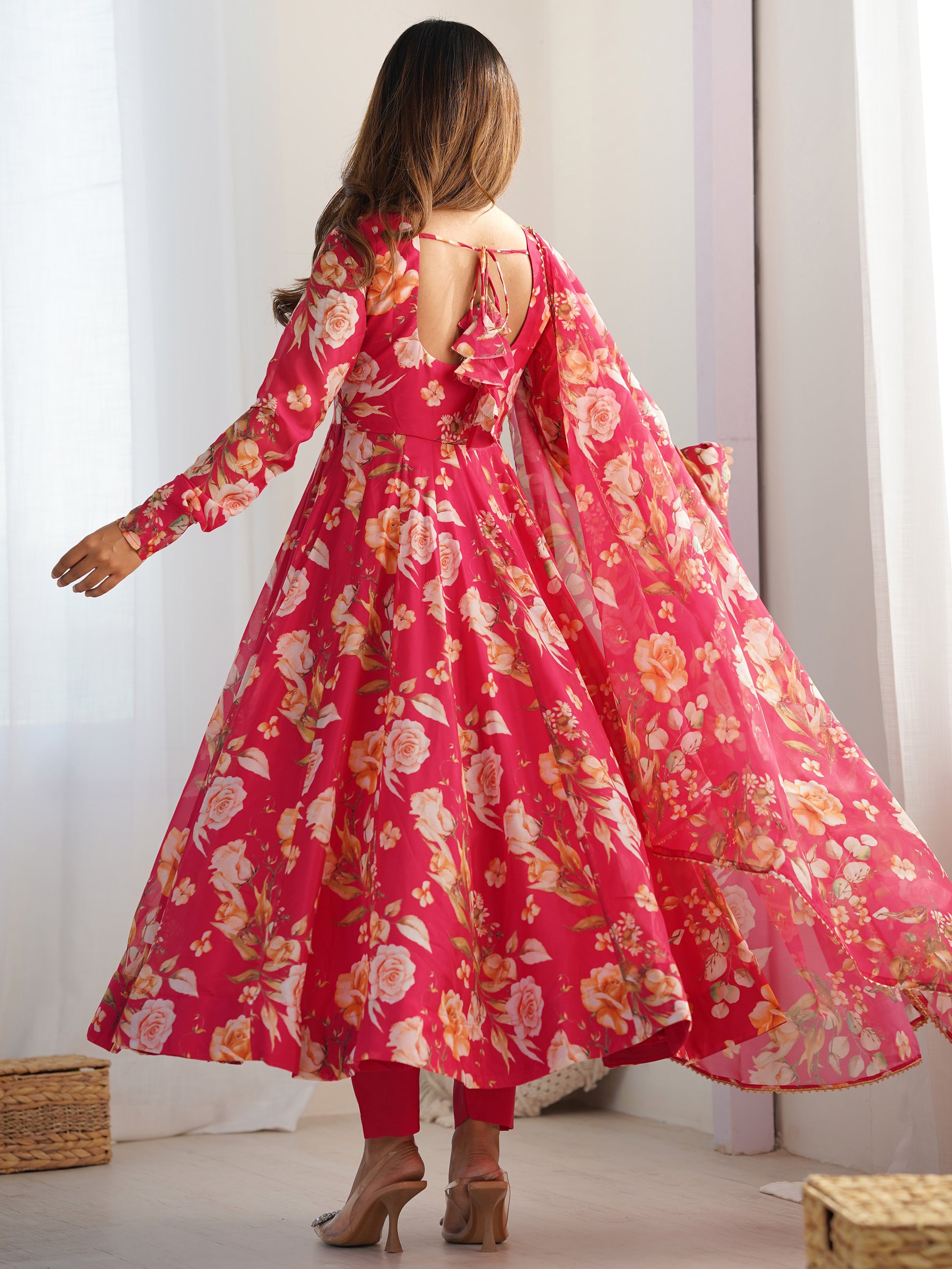 Incredible Pink Floral Printed Organza Event Wear Anarkali Suit