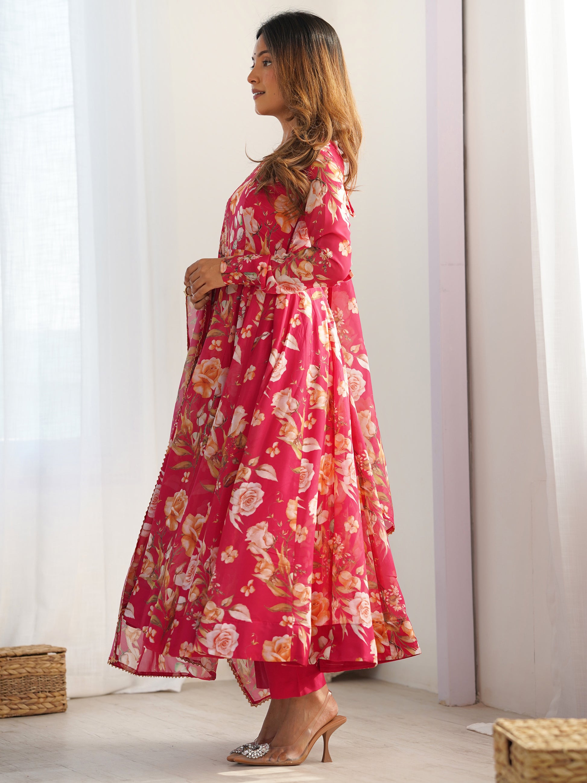 Incredible Pink Floral Printed Organza Event Wear Anarkali Suit
