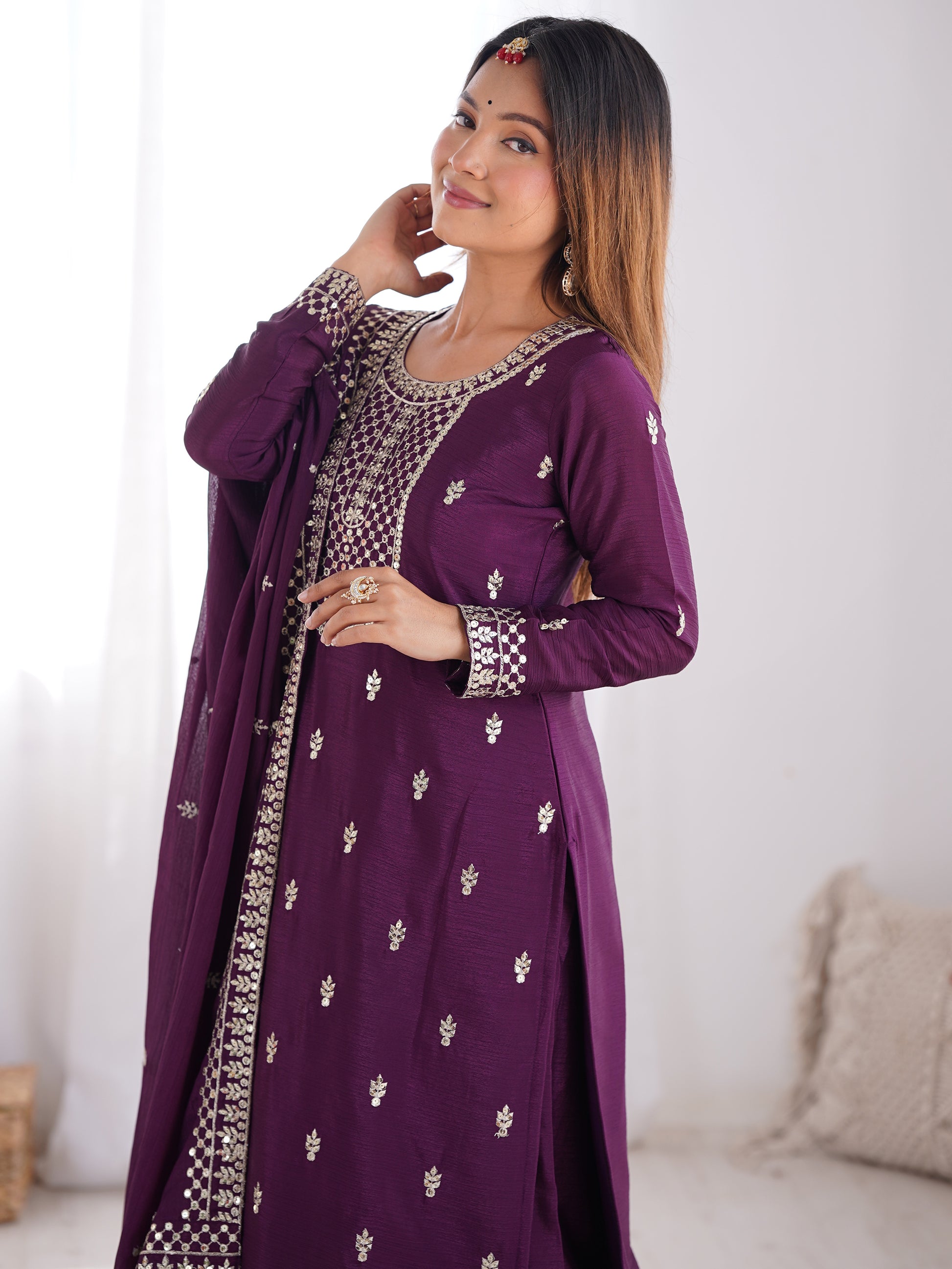 Fabulous Purple Zari Work Chinon Reception Wear Palazzo Suit