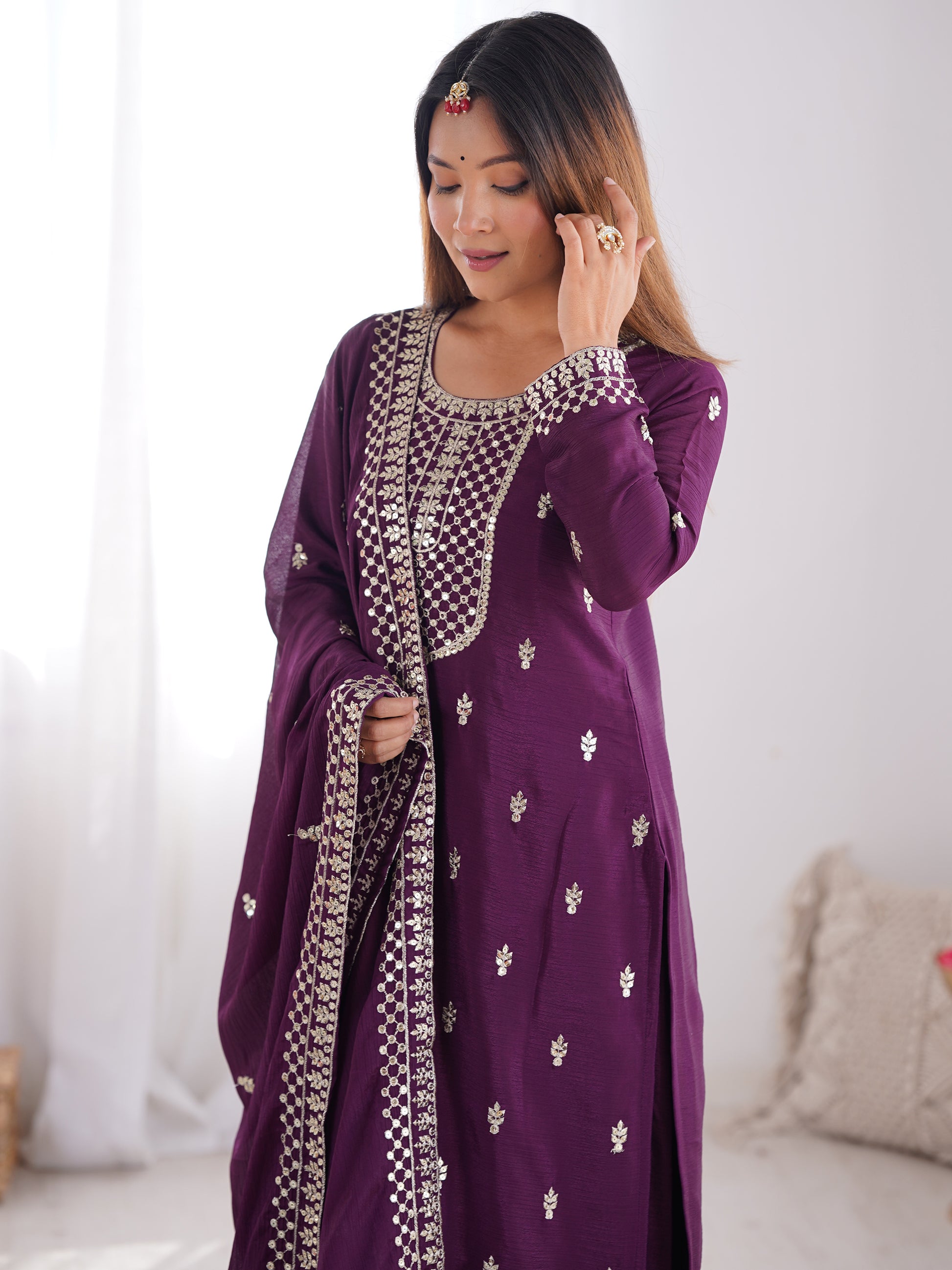 Fabulous Purple Zari Work Chinon Reception Wear Palazzo Suit