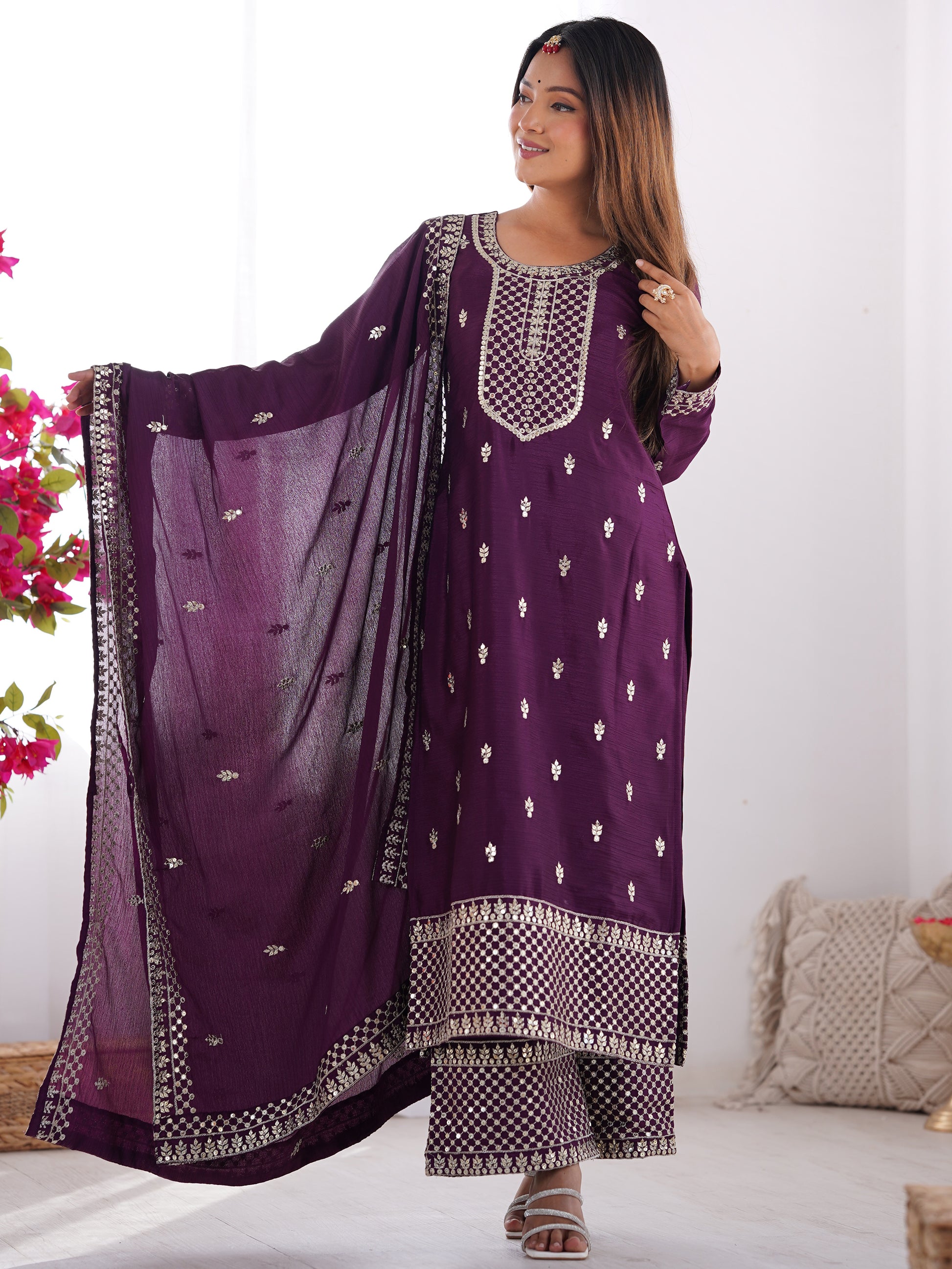 Fabulous Purple Zari Work Chinon Reception Wear Palazzo Suit