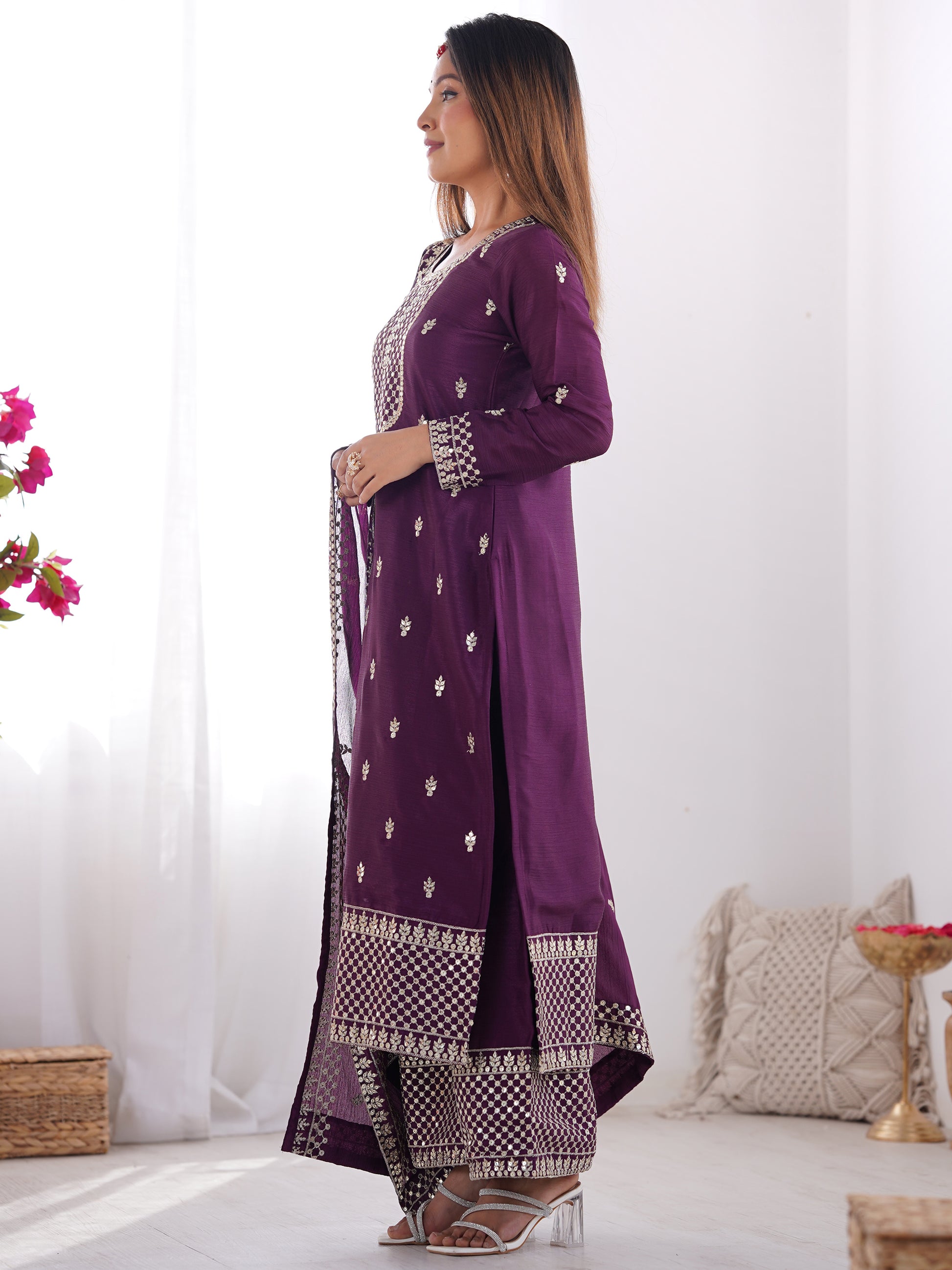 Fabulous Purple Zari Work Chinon Reception Wear Palazzo Suit