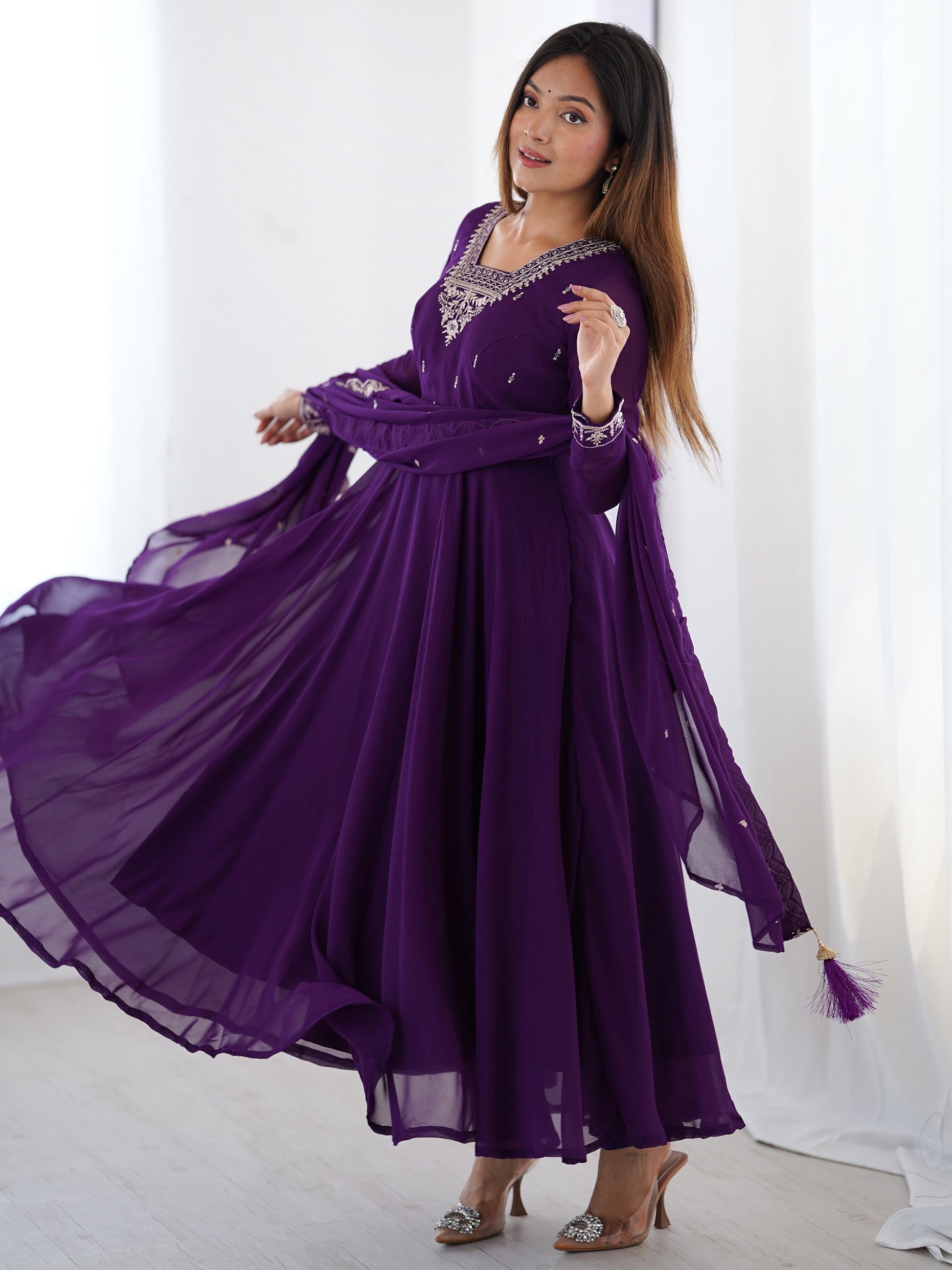 Pretty Purple Zari Work Georgette Event Wear Pant Suit With Dupatta
