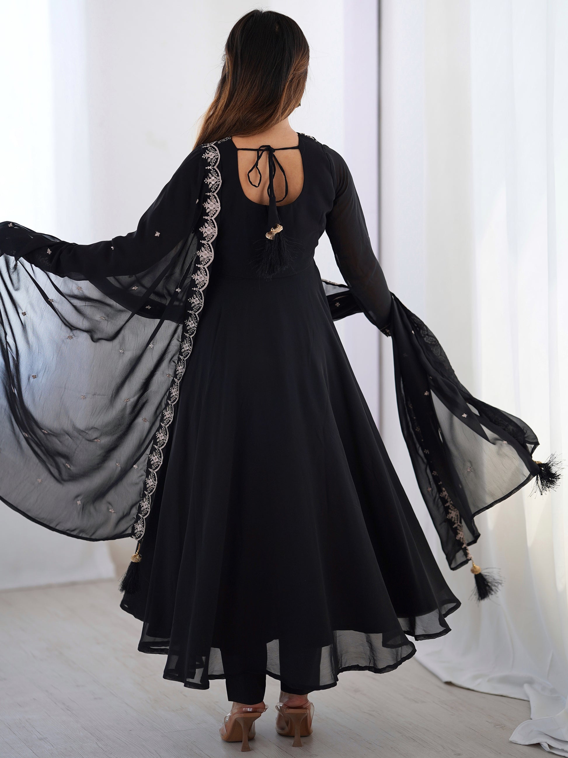Attractive Black Beads Work Georgette Festival Wear Suit With Dupatta