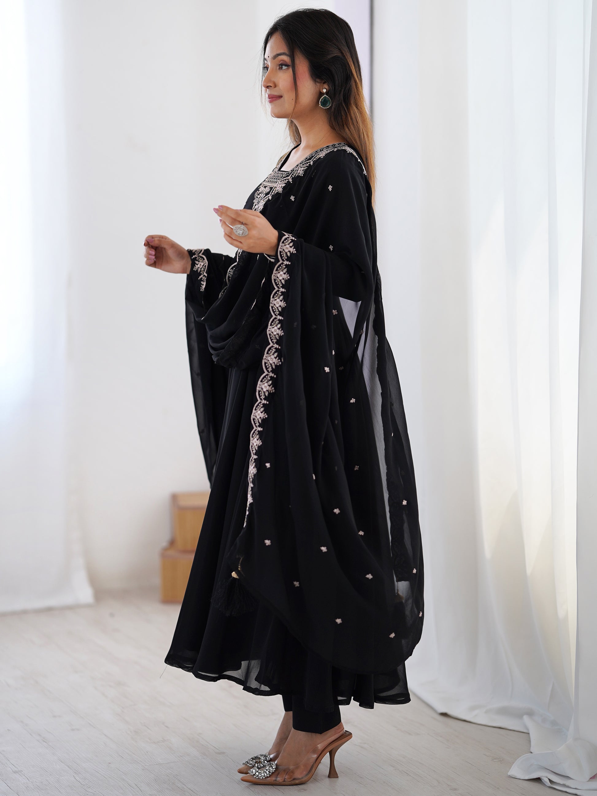 Attractive Black Beads Work Georgette Festival Wear Suit With Dupatta