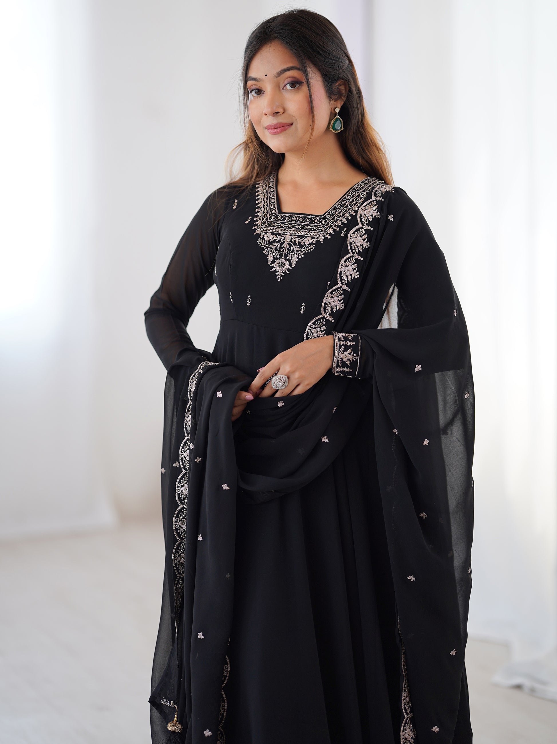 Attractive Black Beads Work Georgette Festival Wear Suit With Dupatta