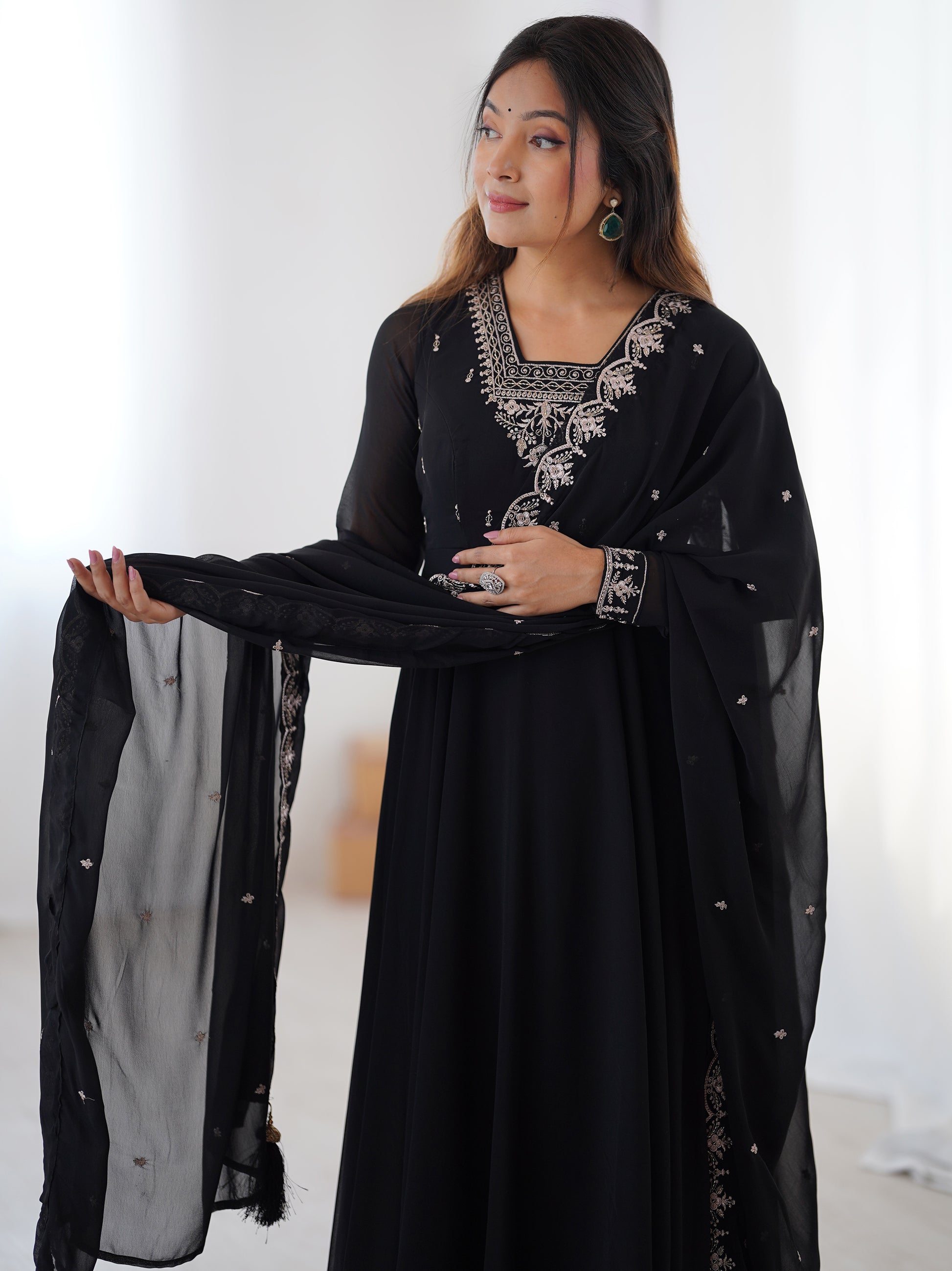 Attractive Black Beads Work Georgette Festival Wear Suit With Dupatta