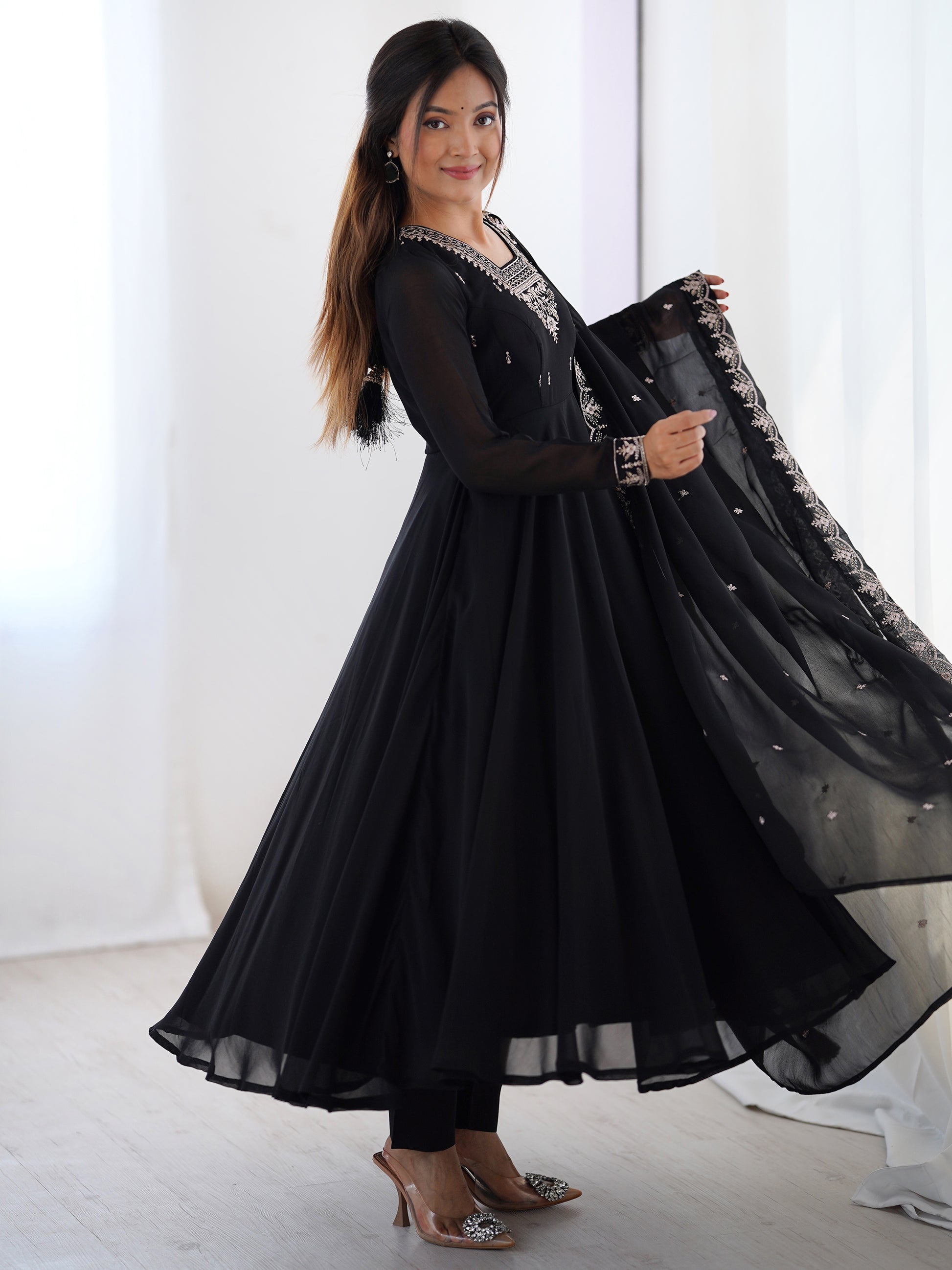 Attractive Black Beads Work Georgette Festival Wear Suit With Dupatta
