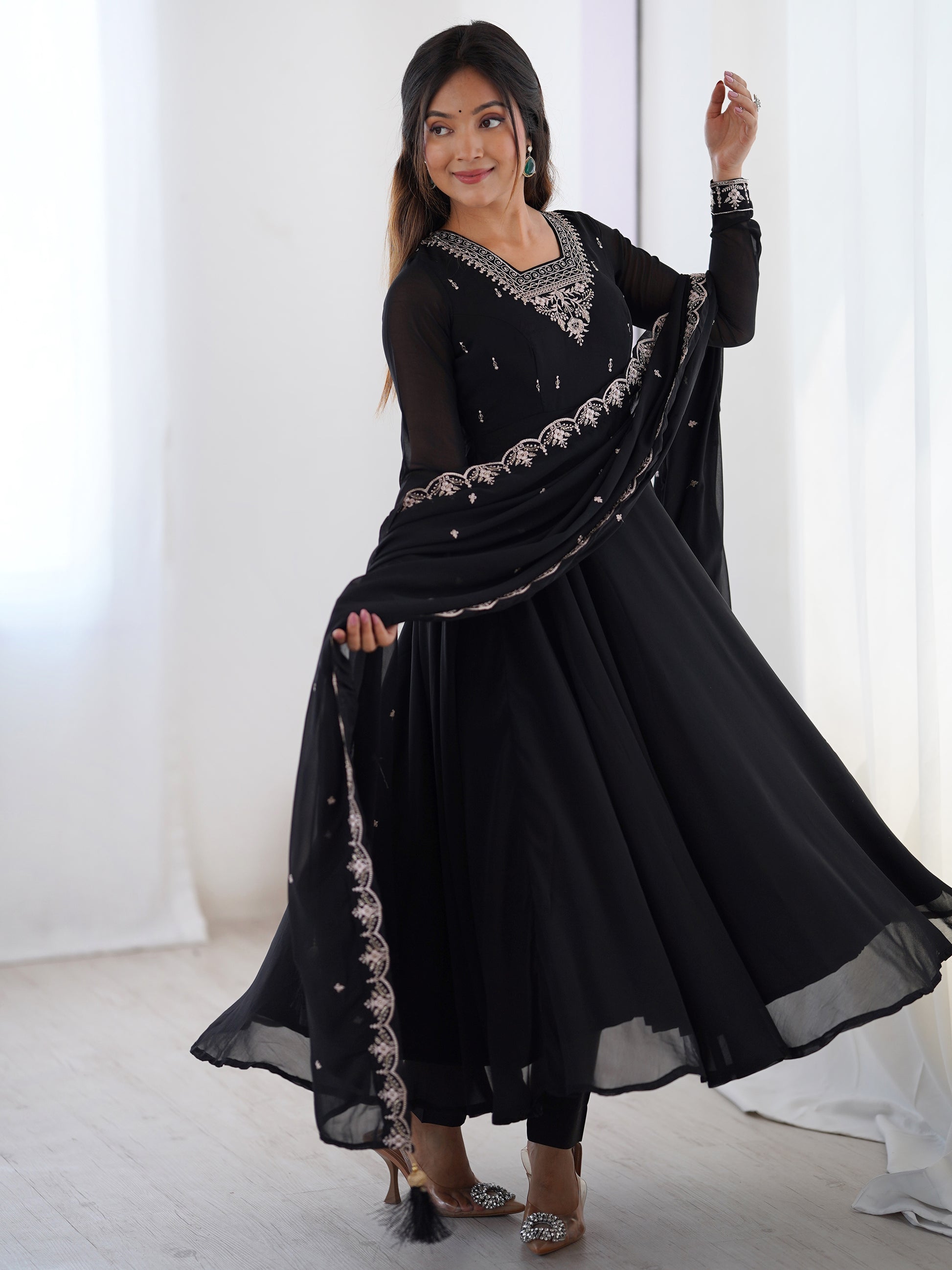 Attractive Black Beads Work Georgette Festival Wear Suit With Dupatta