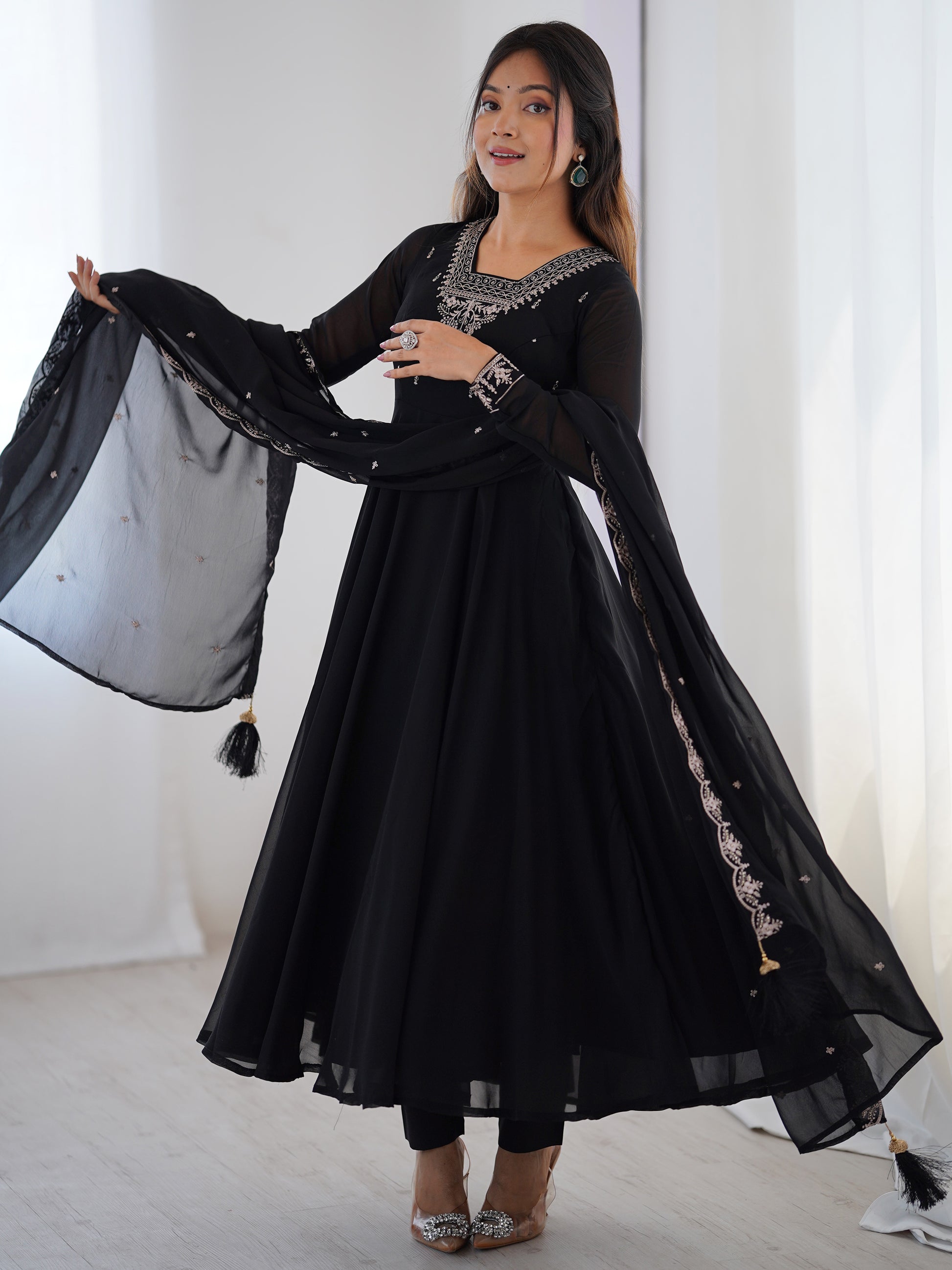 Attractive Black Beads Work Georgette Festival Wear Suit With Dupatta