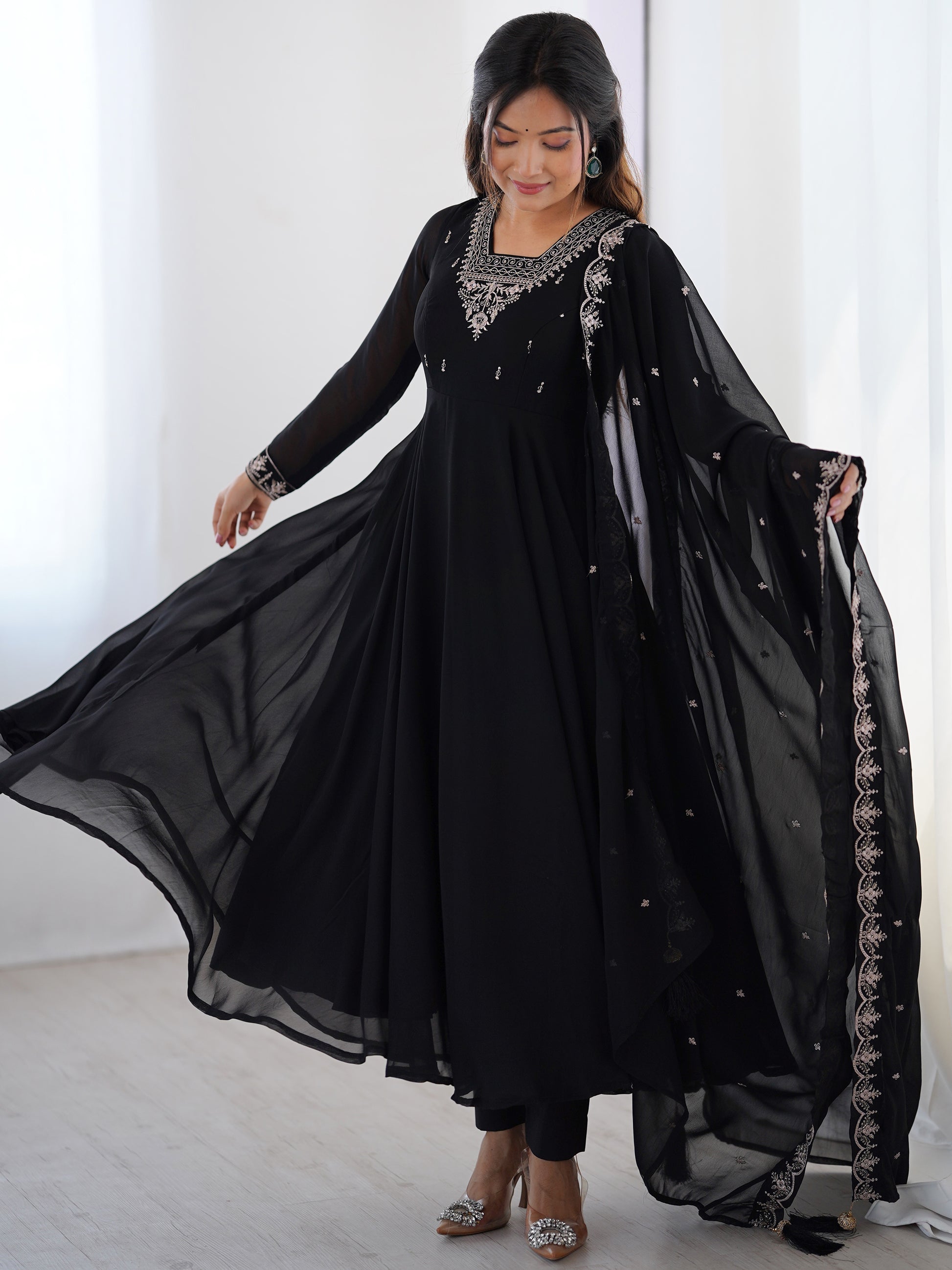 Attractive Black Beads Work Georgette Festival Wear Suit With Dupatta