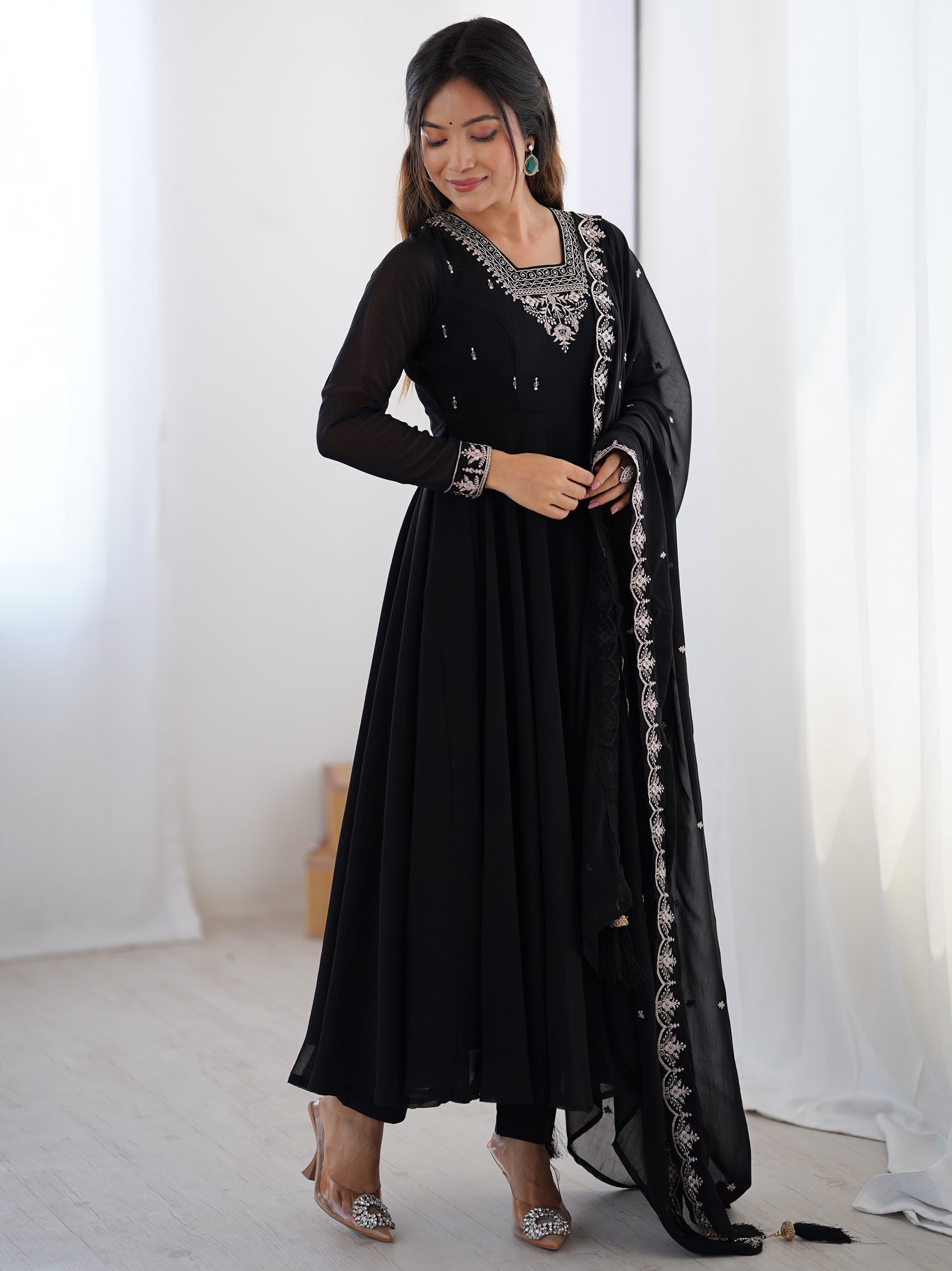 Attractive Black Beads Work Georgette Festival Wear Suit With Dupatta