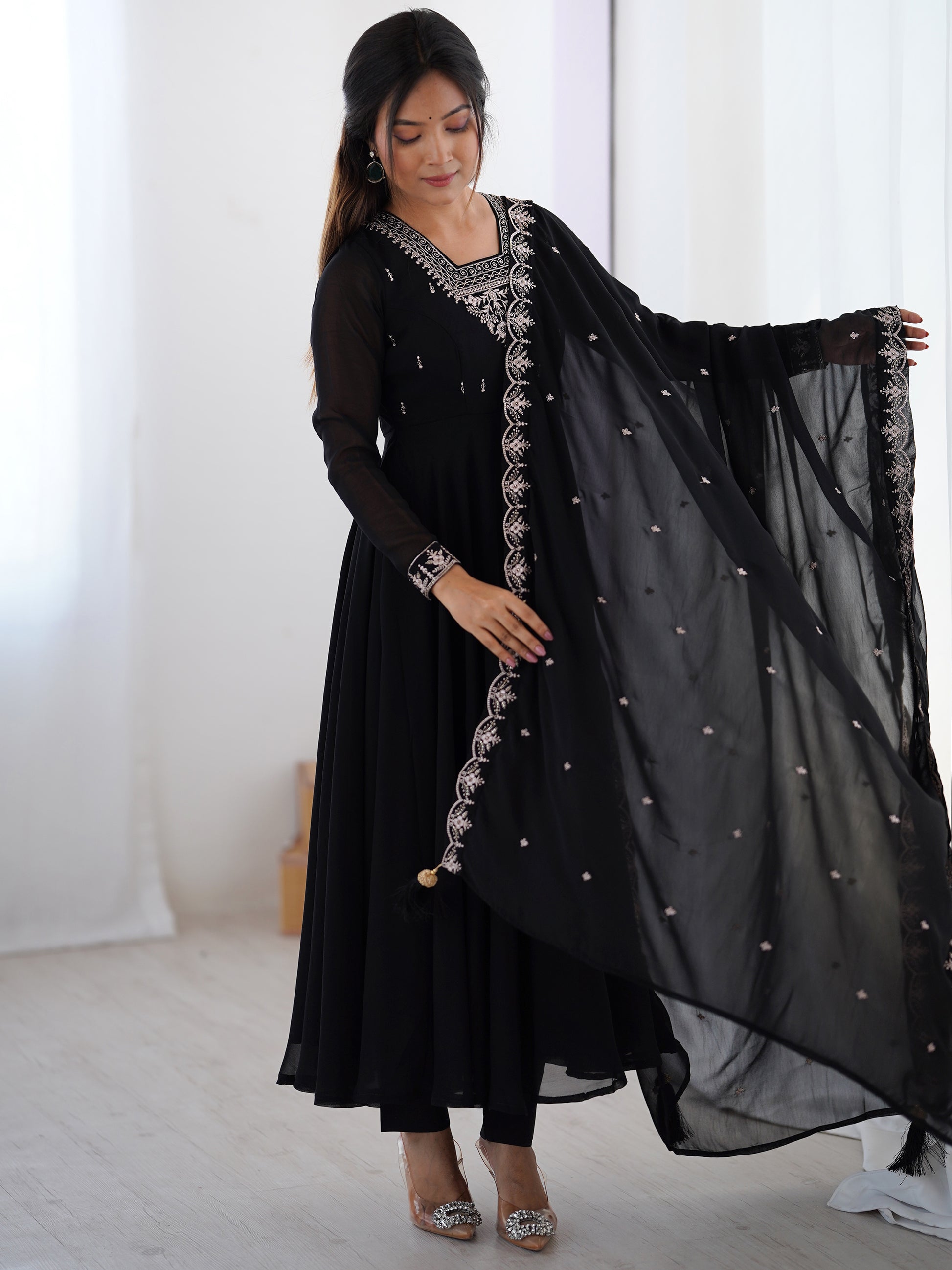 Attractive Black Beads Work Georgette Festival Wear Suit With Dupatta