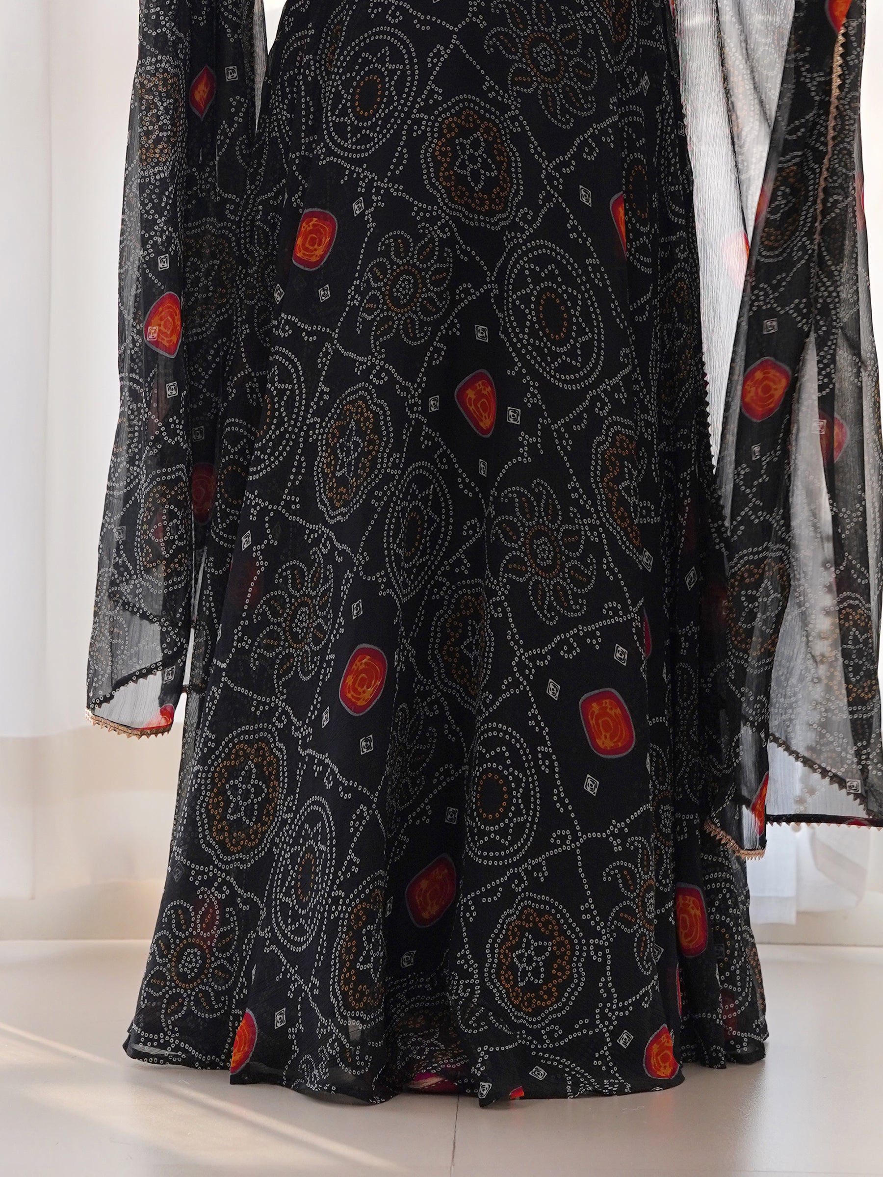 Captivating Black Bandhani Printed Chiffon Gown With Dupatta