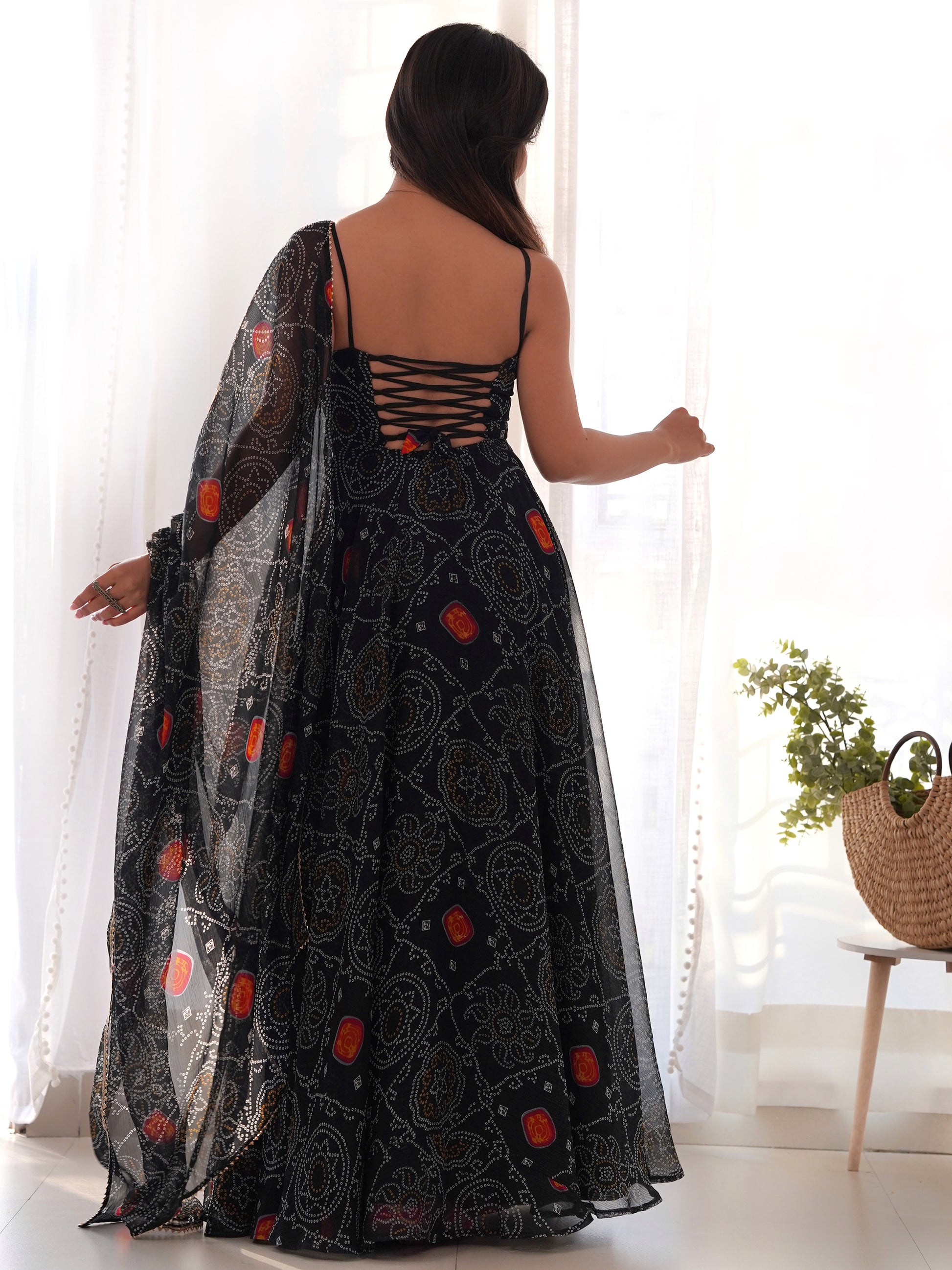 Captivating Black Bandhani Printed Chiffon Gown With Dupatta