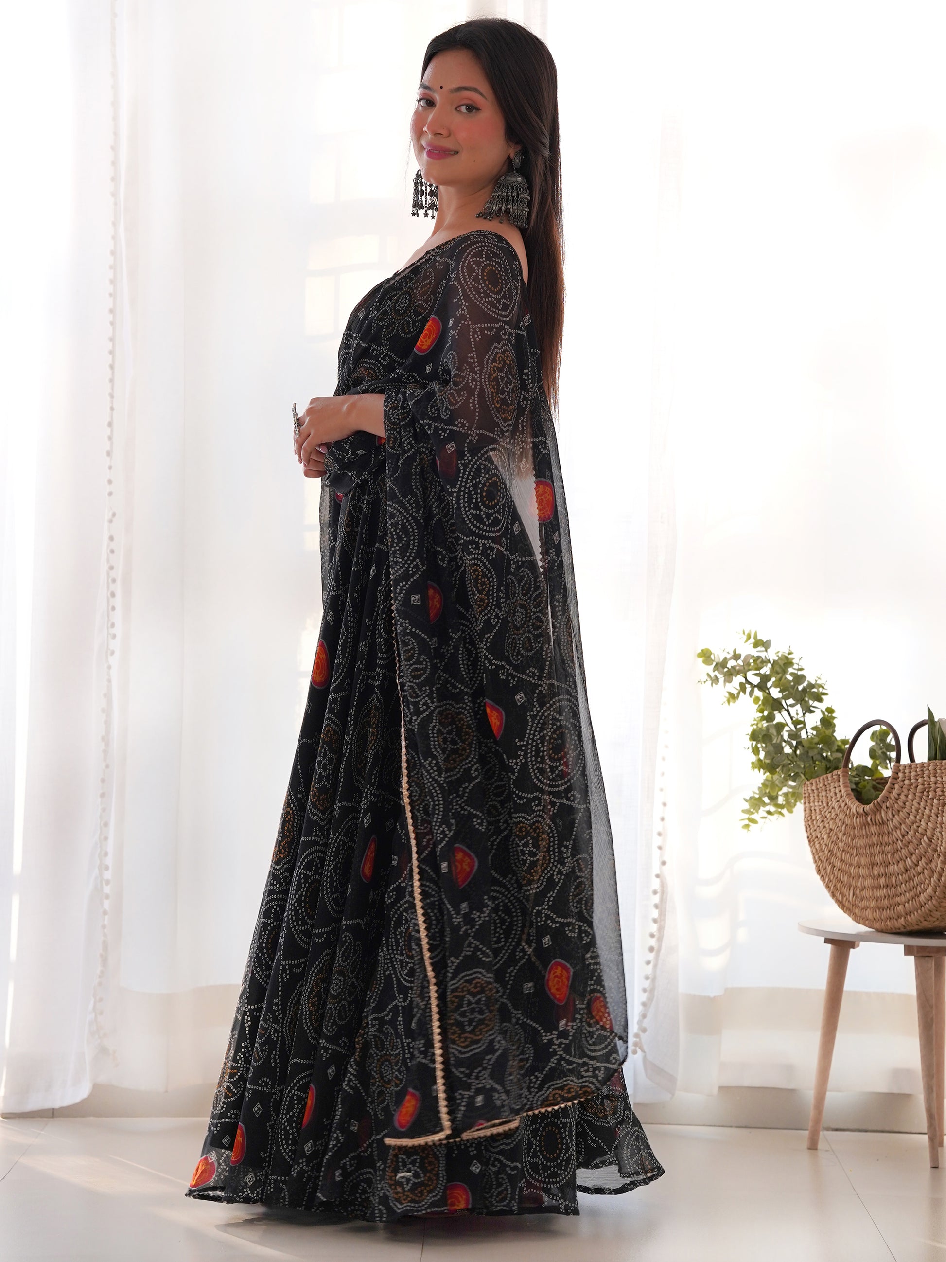 Captivating Black Bandhani Printed Chiffon Gown With Dupatta