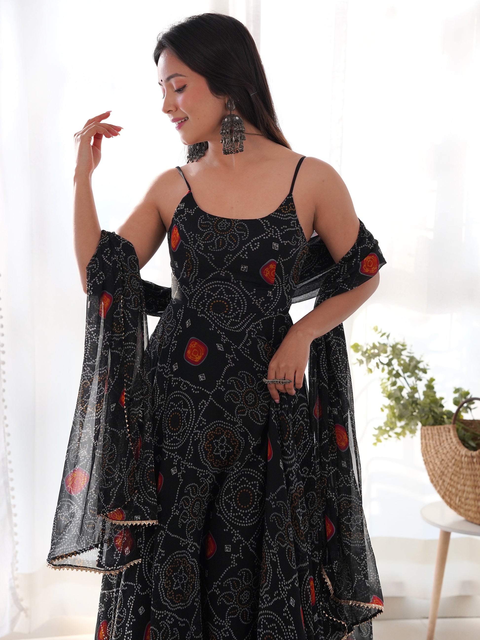 Captivating Black Bandhani Printed Chiffon Gown With Dupatta