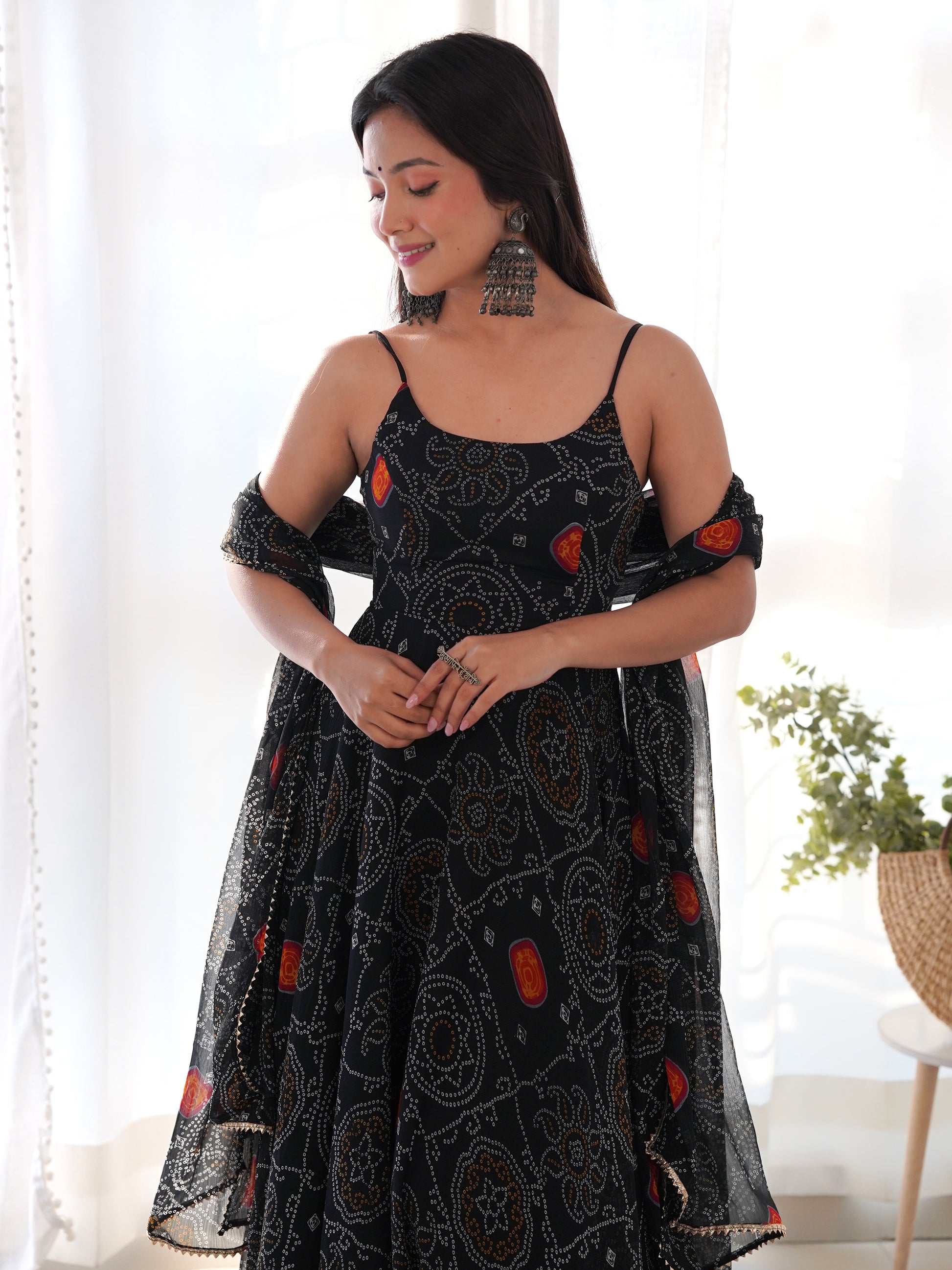 Captivating Black Bandhani Printed Chiffon Gown With Dupatta