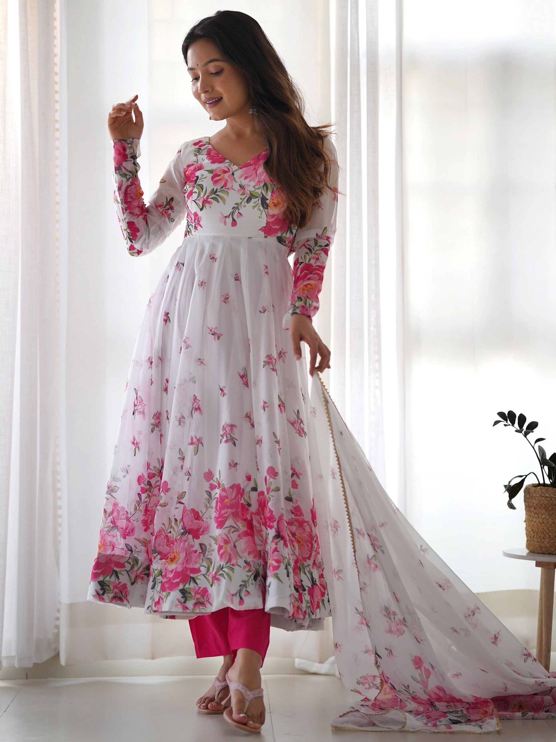 Beautiful White Floral Printed Organza Festival Wear Anarkali Suit