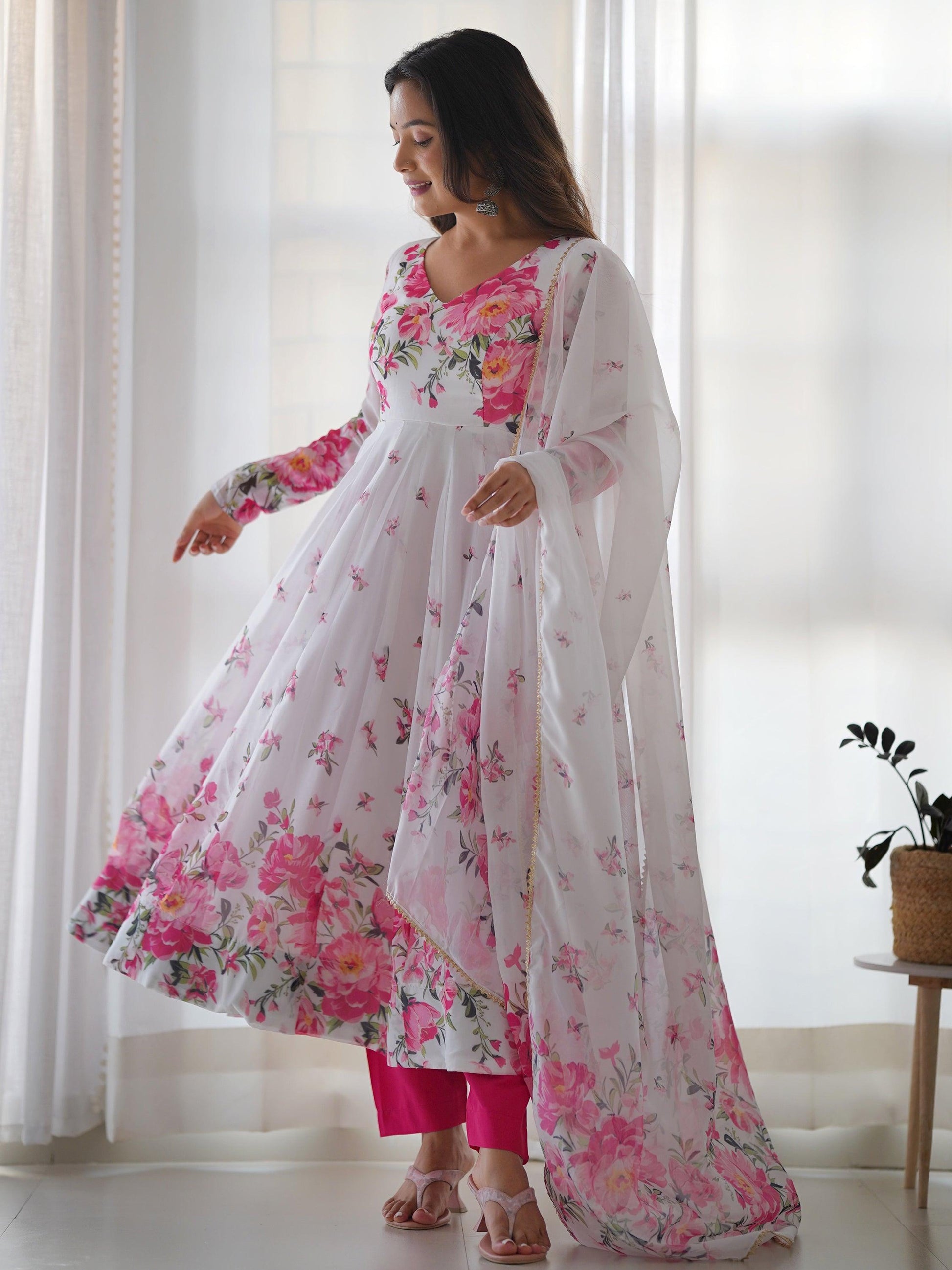 Beautiful White Floral Printed Organza Festival Wear Anarkali Suit