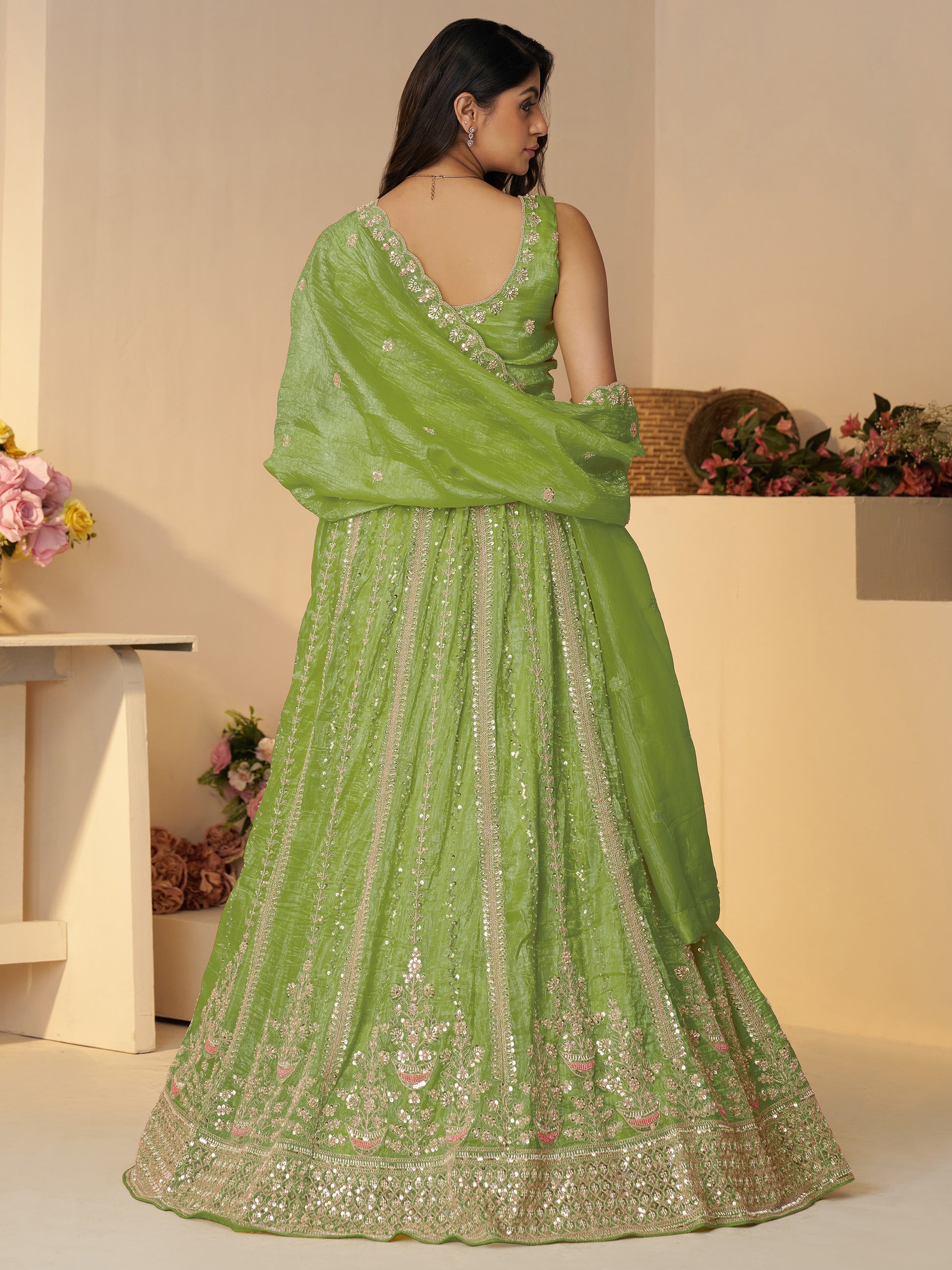 Dazzling Green Sequins Work Silk Wedding Lehenga Choli With Dupatta