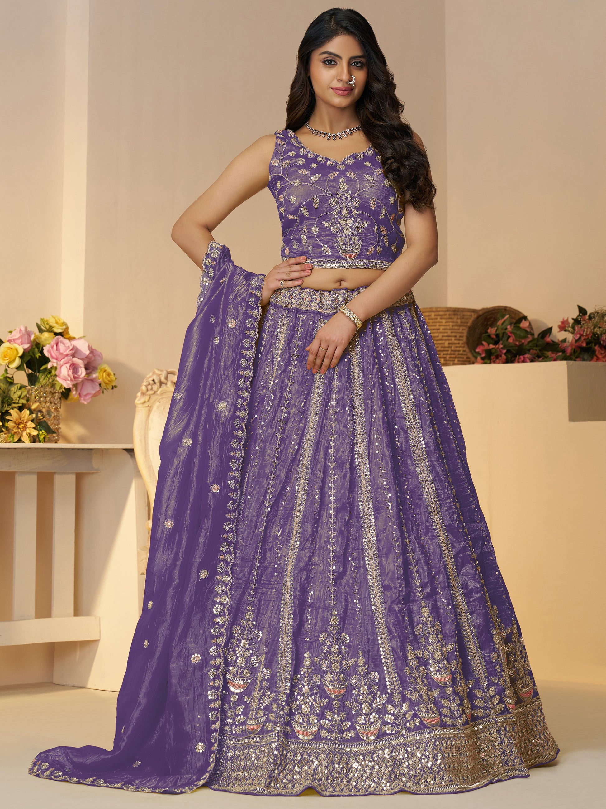 Enchanting Purple Zari Work Silk Engagement Wear Lehenga Choli