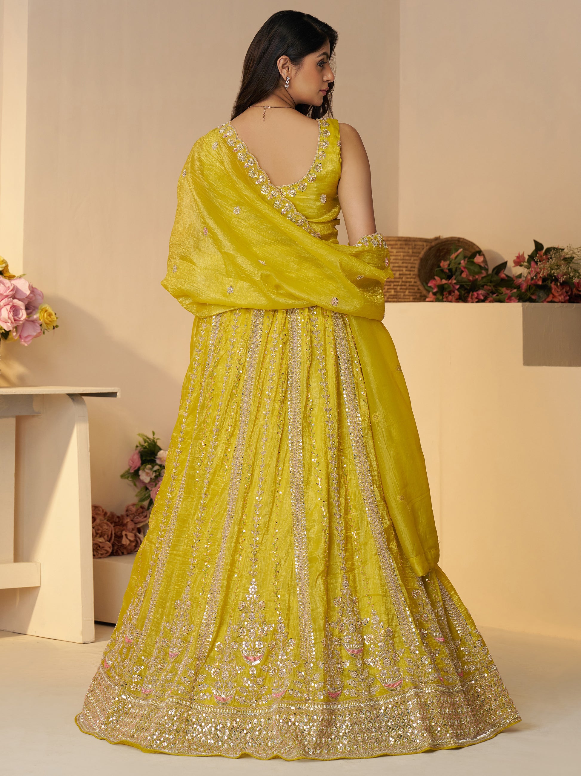 Tantalizing Yellow Sequins Silk Festival Wear Lehenga Choli With Dupatta