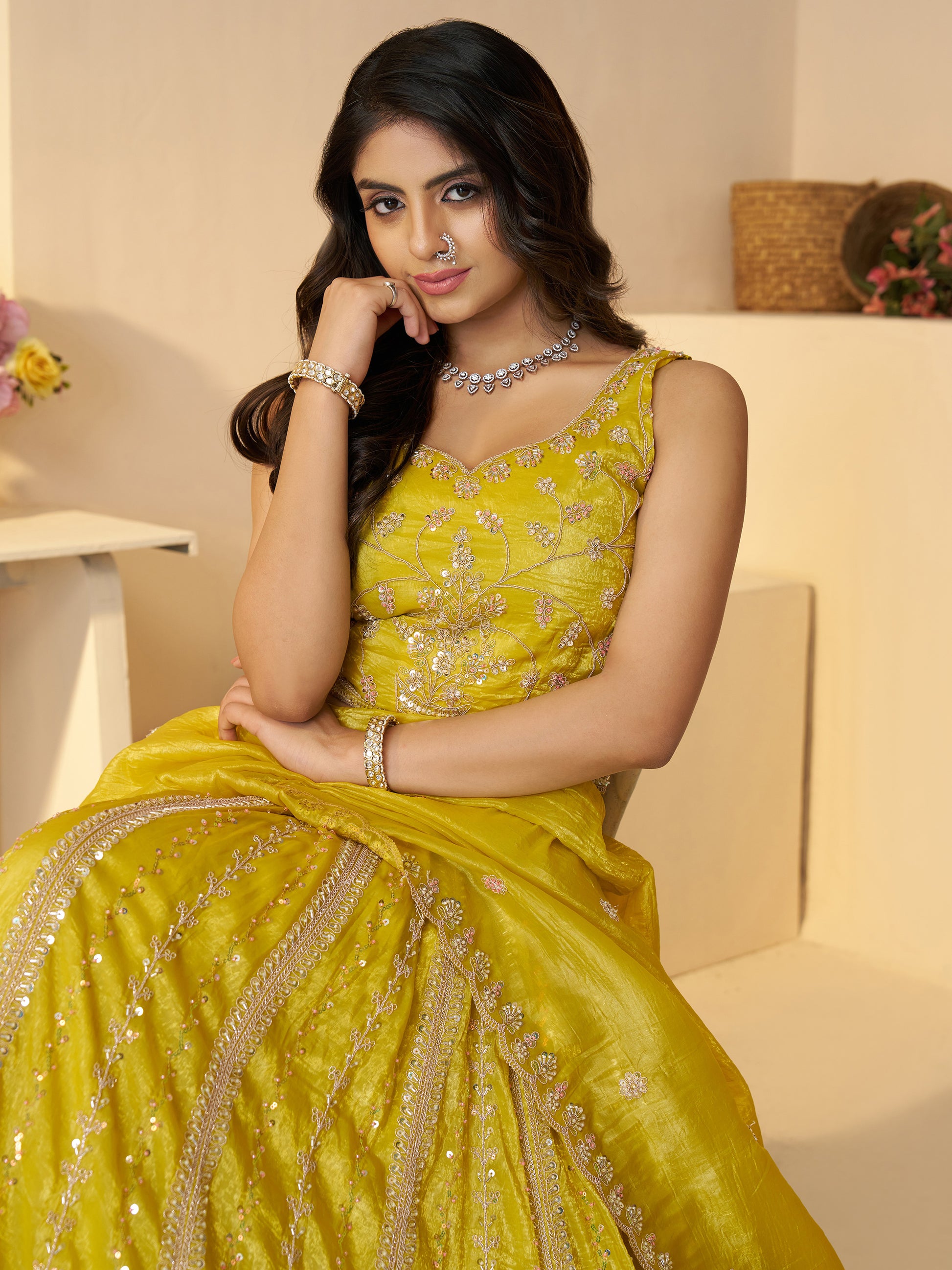 Tantalizing Yellow Sequins Silk Festival Wear Lehenga Choli With Dupatta