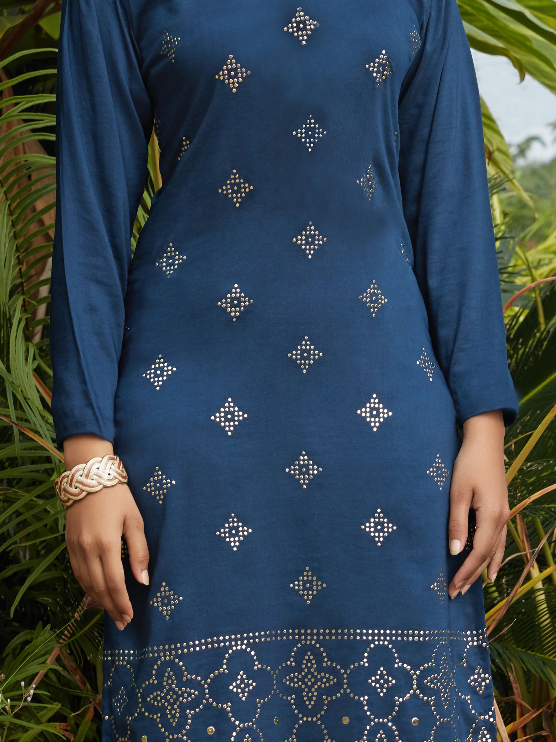 Wonderful Navy Blue Mukaish Work Cotton Casual Wear Kurti