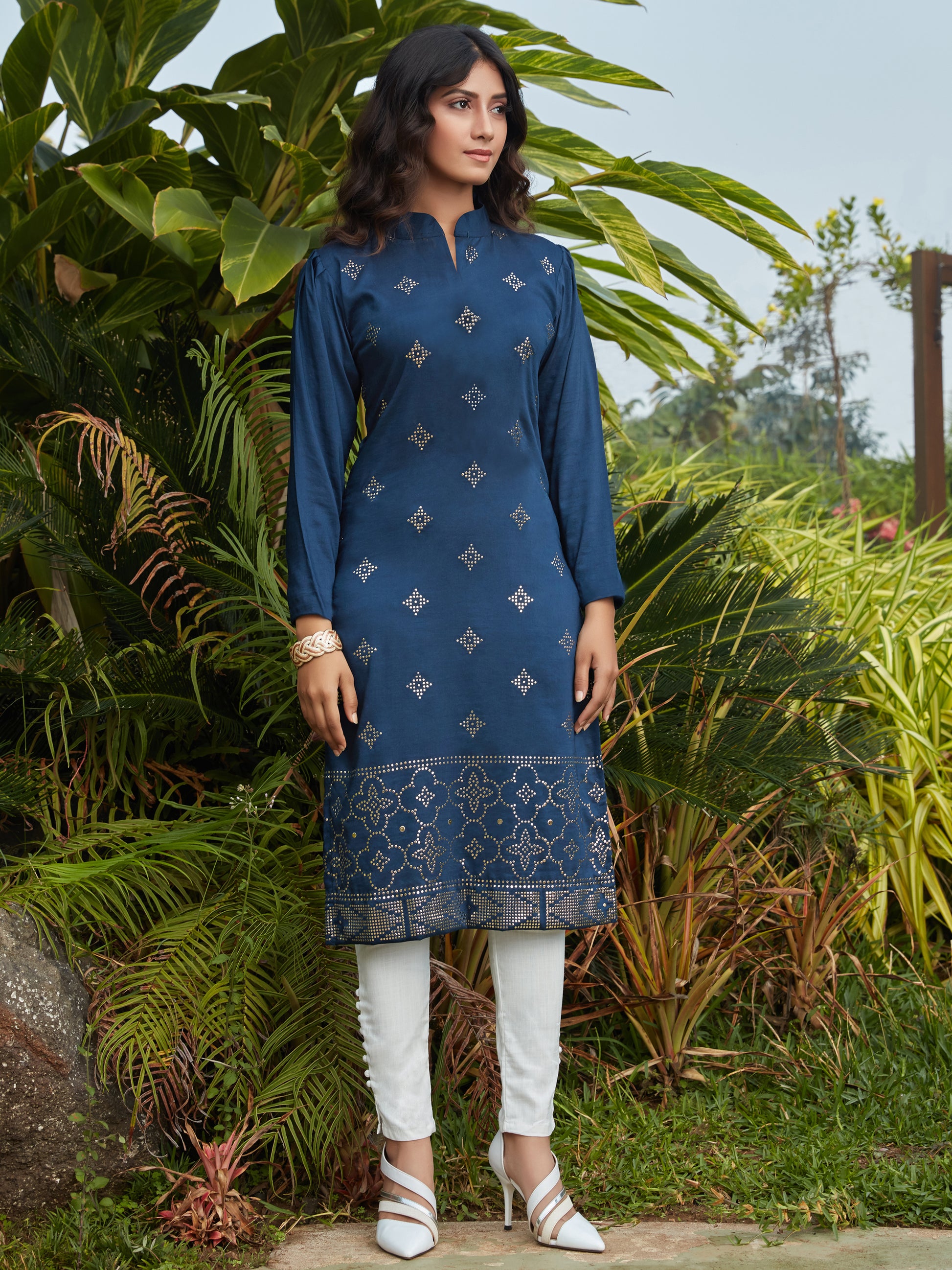 Wonderful Navy Blue Mukaish Work Cotton Casual Wear Kurti
