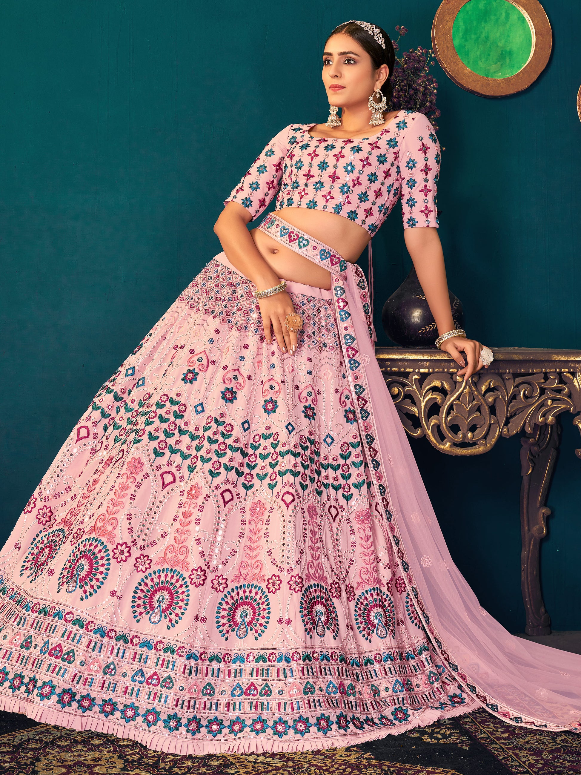 Alluring Pink Thread Work Georgette Engagement Wear Lehenga Choli