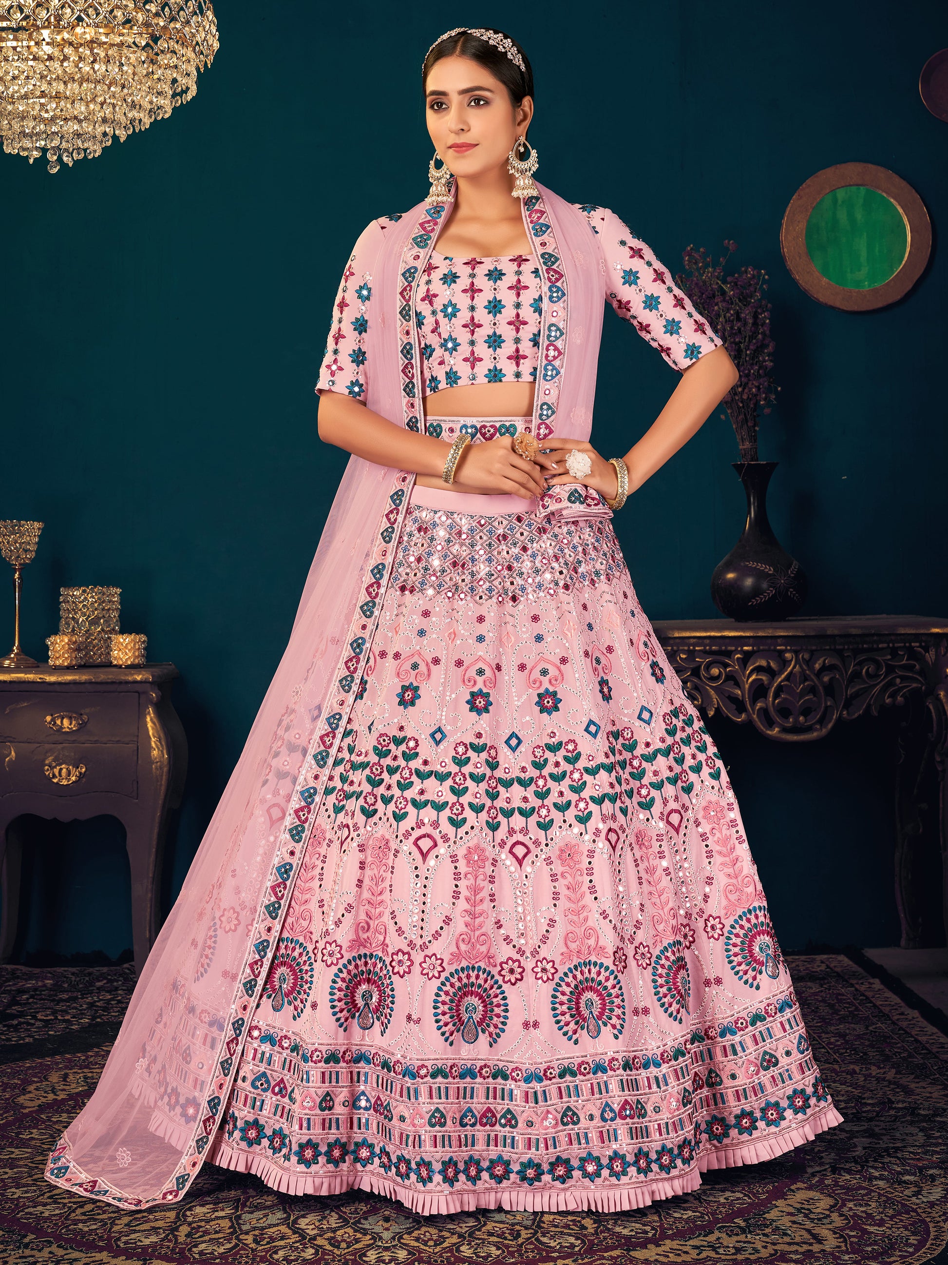 Alluring Pink Thread Work Georgette Engagement Wear Lehenga Choli