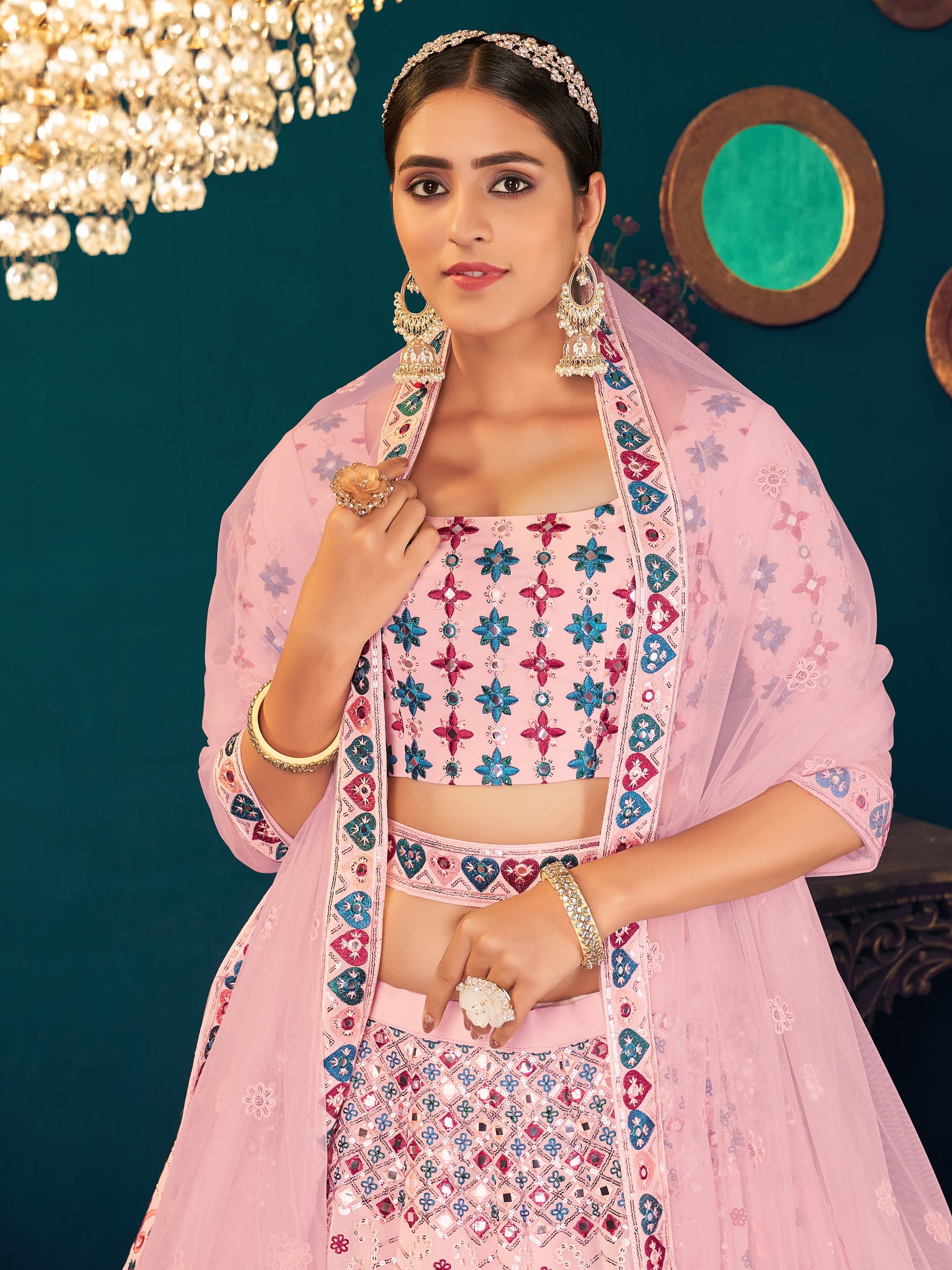 Alluring Pink Thread Work Georgette Engagement Wear Lehenga Choli